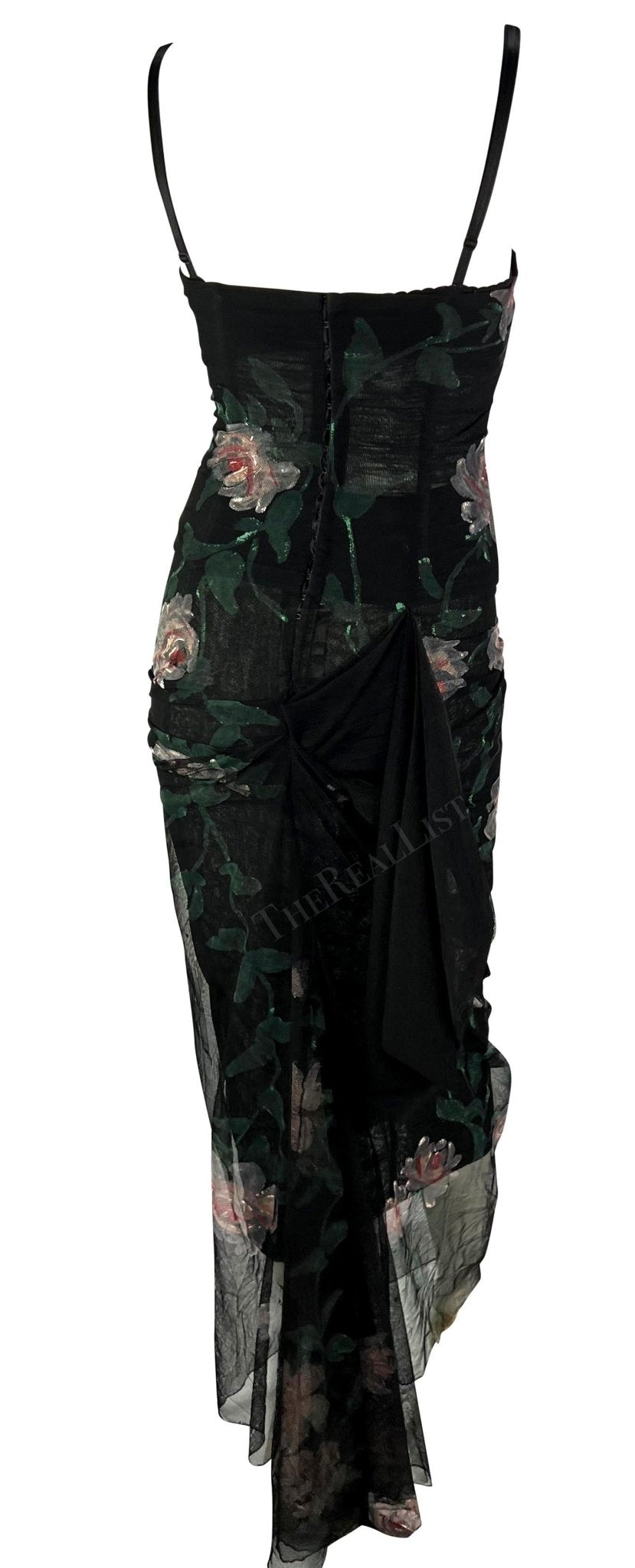F/W 1998 Dolce & Gabbana Sheer Black Mesh Hand Painted Rose Bustier Gown - RealList