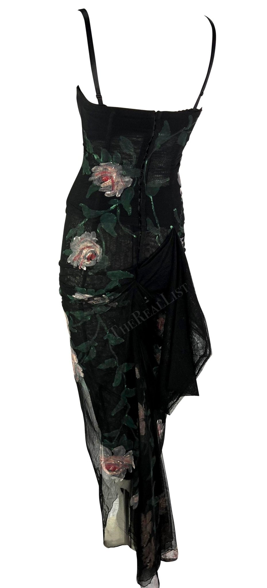F/W 1998 Dolce & Gabbana Sheer Black Mesh Hand Painted Rose Bustier Gown - RealList