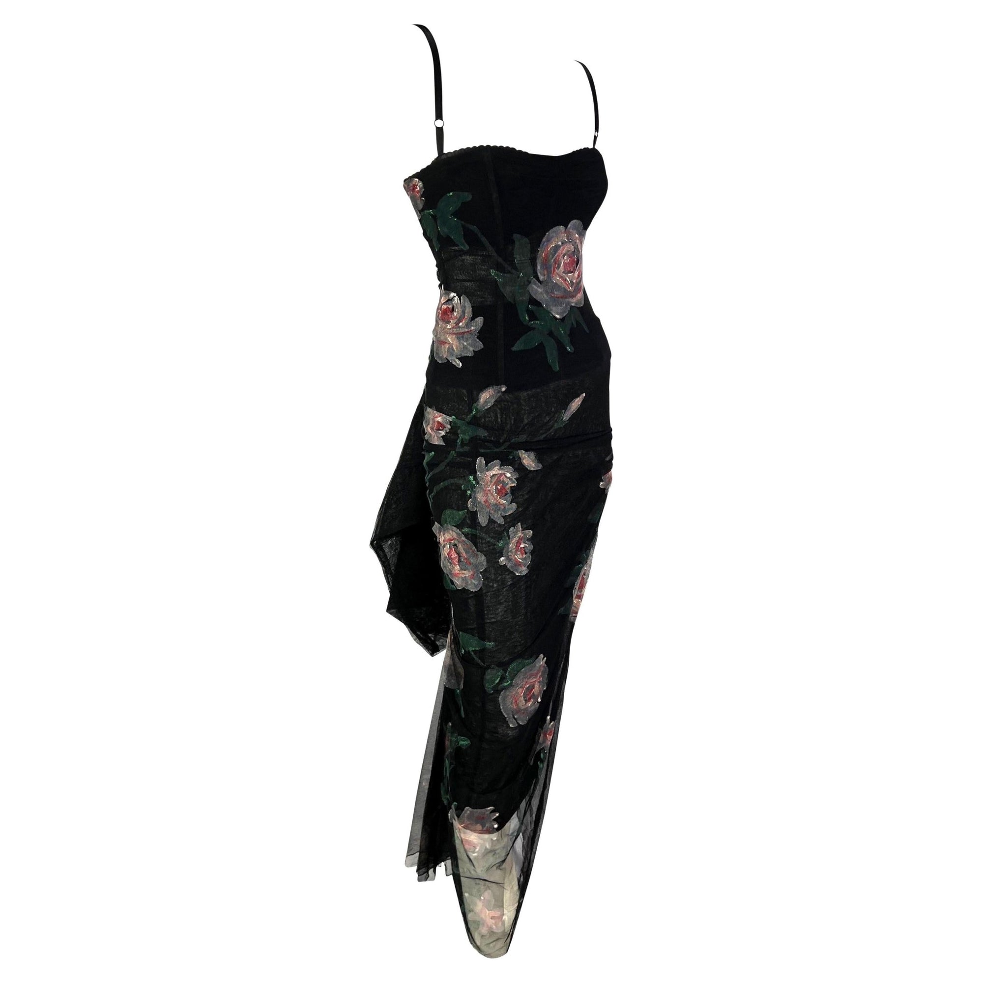 F/W 1998 Dolce & Gabbana Sheer Black Mesh Hand Painted Rose Bustier Gown - RealList