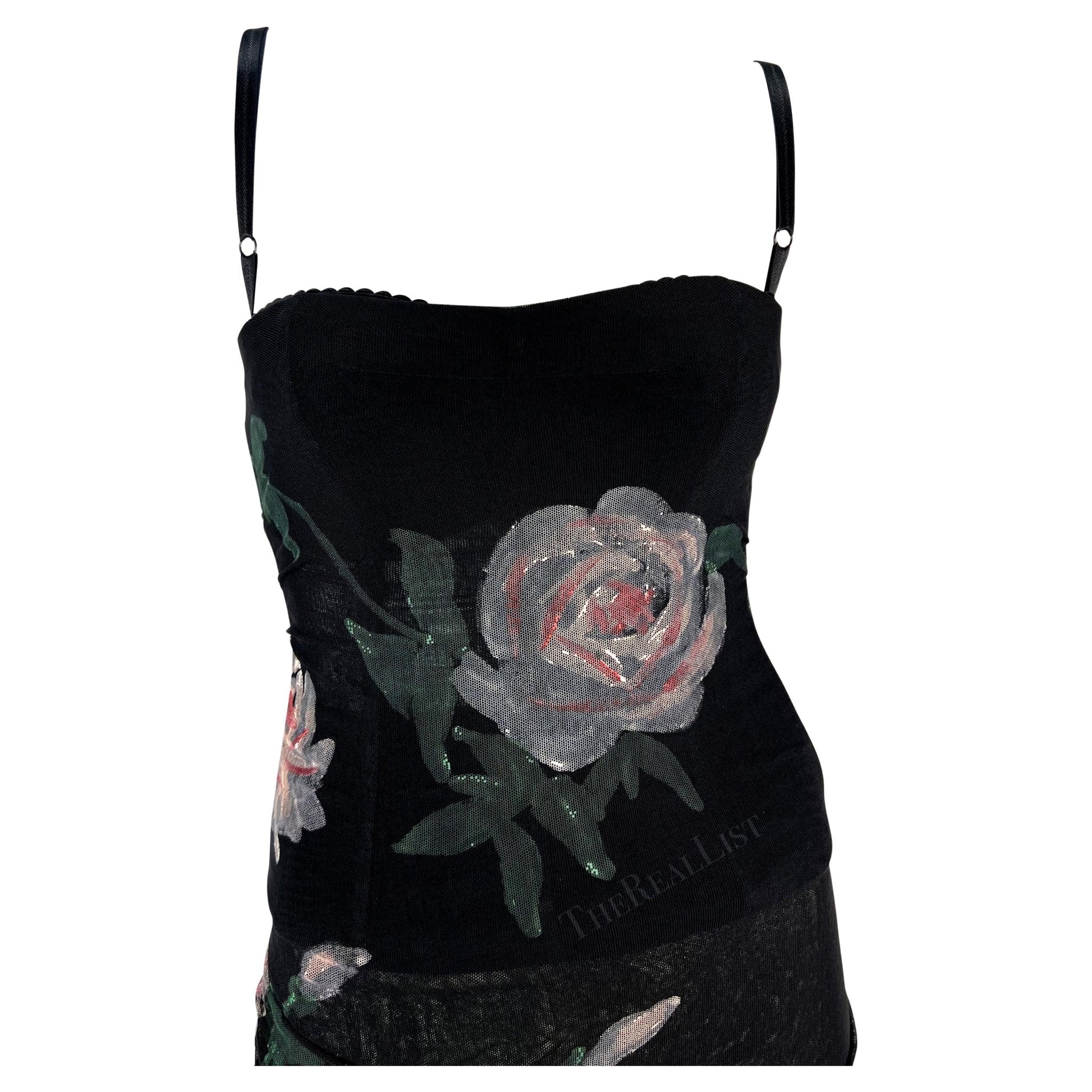 F/W 1998 Dolce & Gabbana Sheer Black Mesh Hand Painted Rose Bustier Gown - RealList