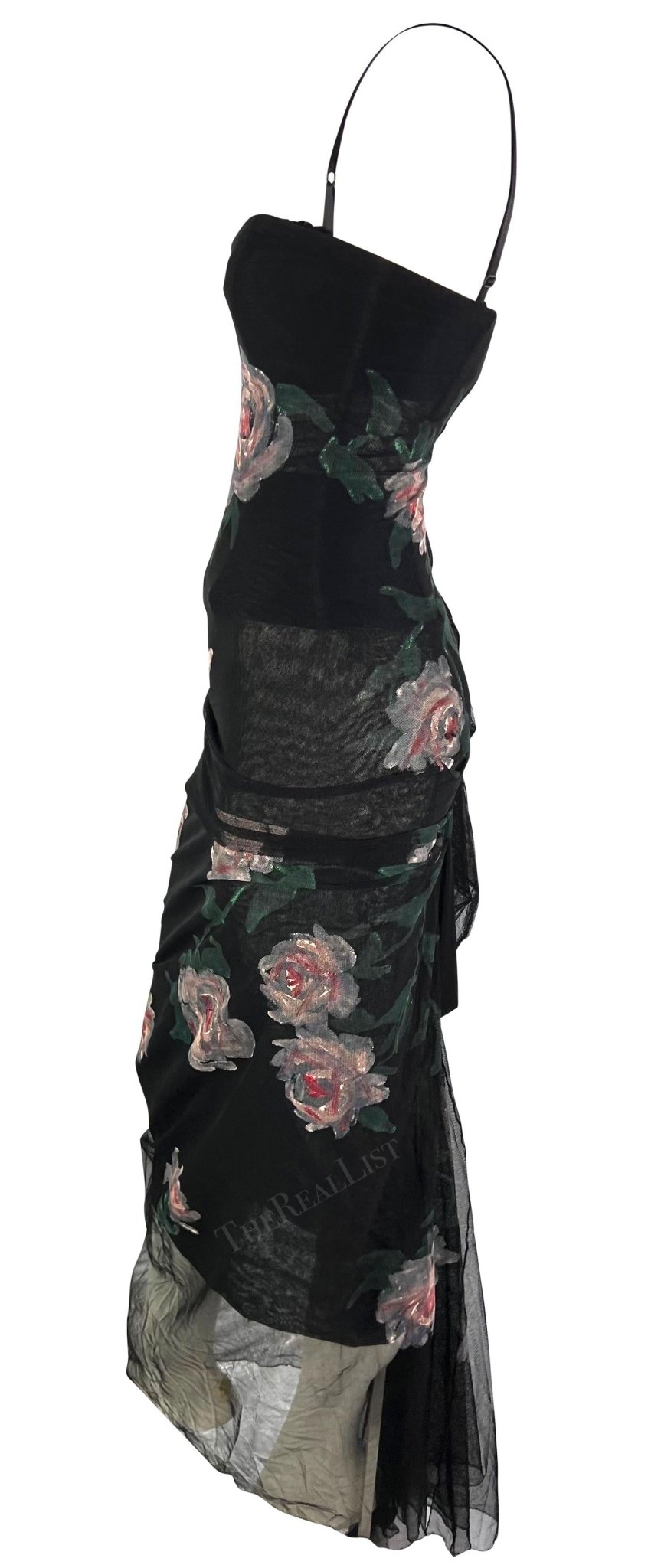 F/W 1998 Dolce & Gabbana Sheer Black Mesh Hand Painted Rose Bustier Gown - RealList