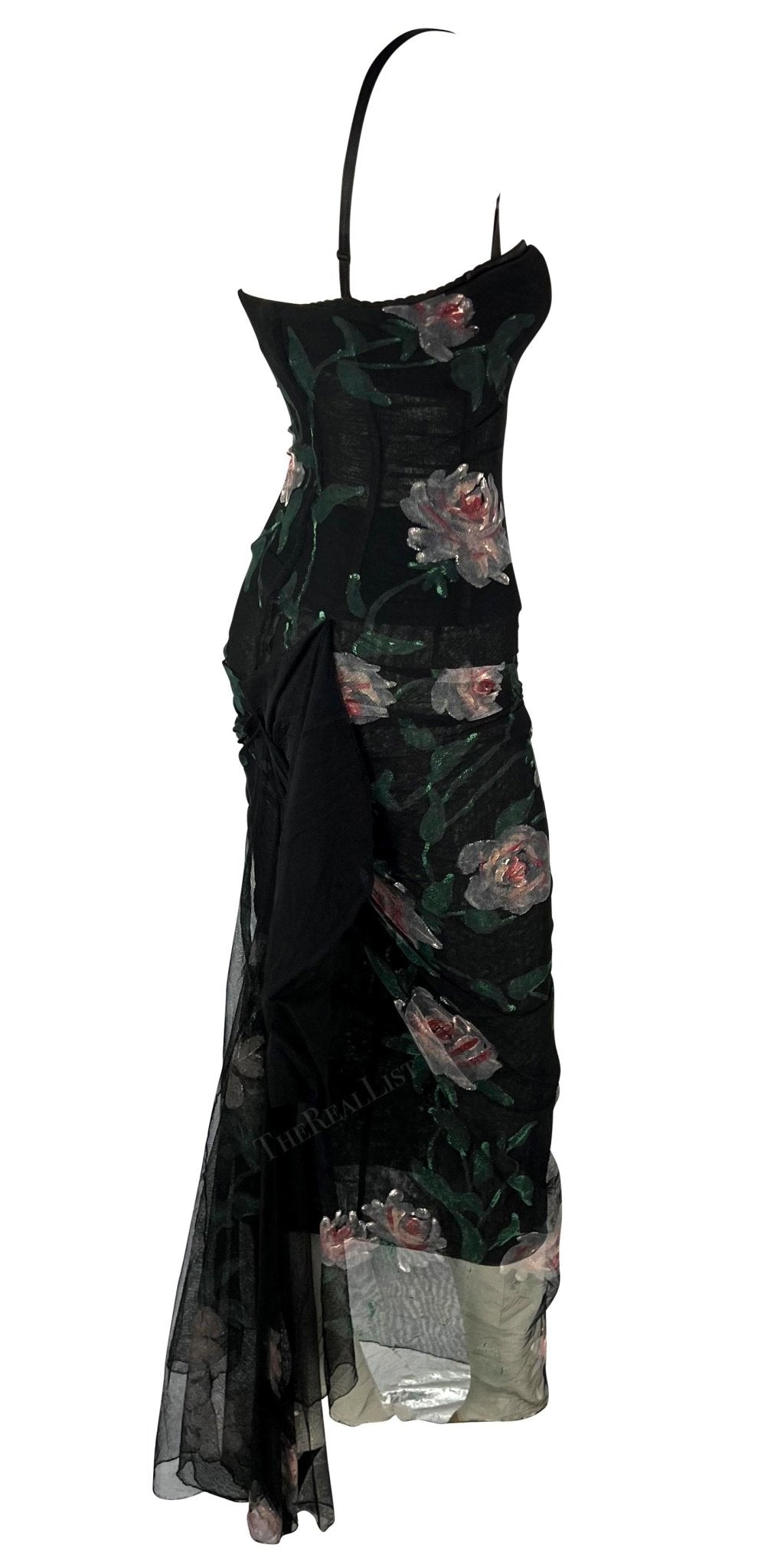 F/W 1998 Dolce & Gabbana Sheer Black Mesh Hand Painted Rose Bustier Gown - RealList