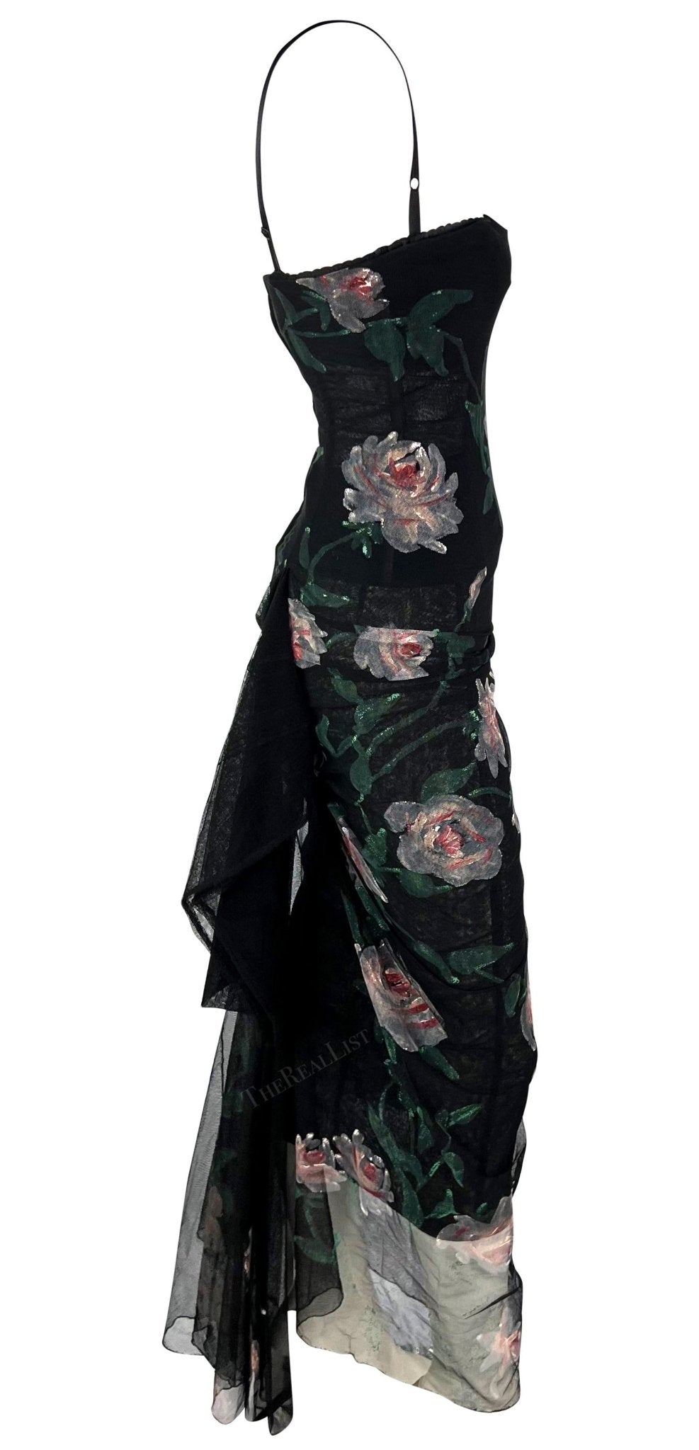 F/W 1998 Dolce & Gabbana Sheer Black Mesh Hand Painted Rose Bustier Gown - RealList
