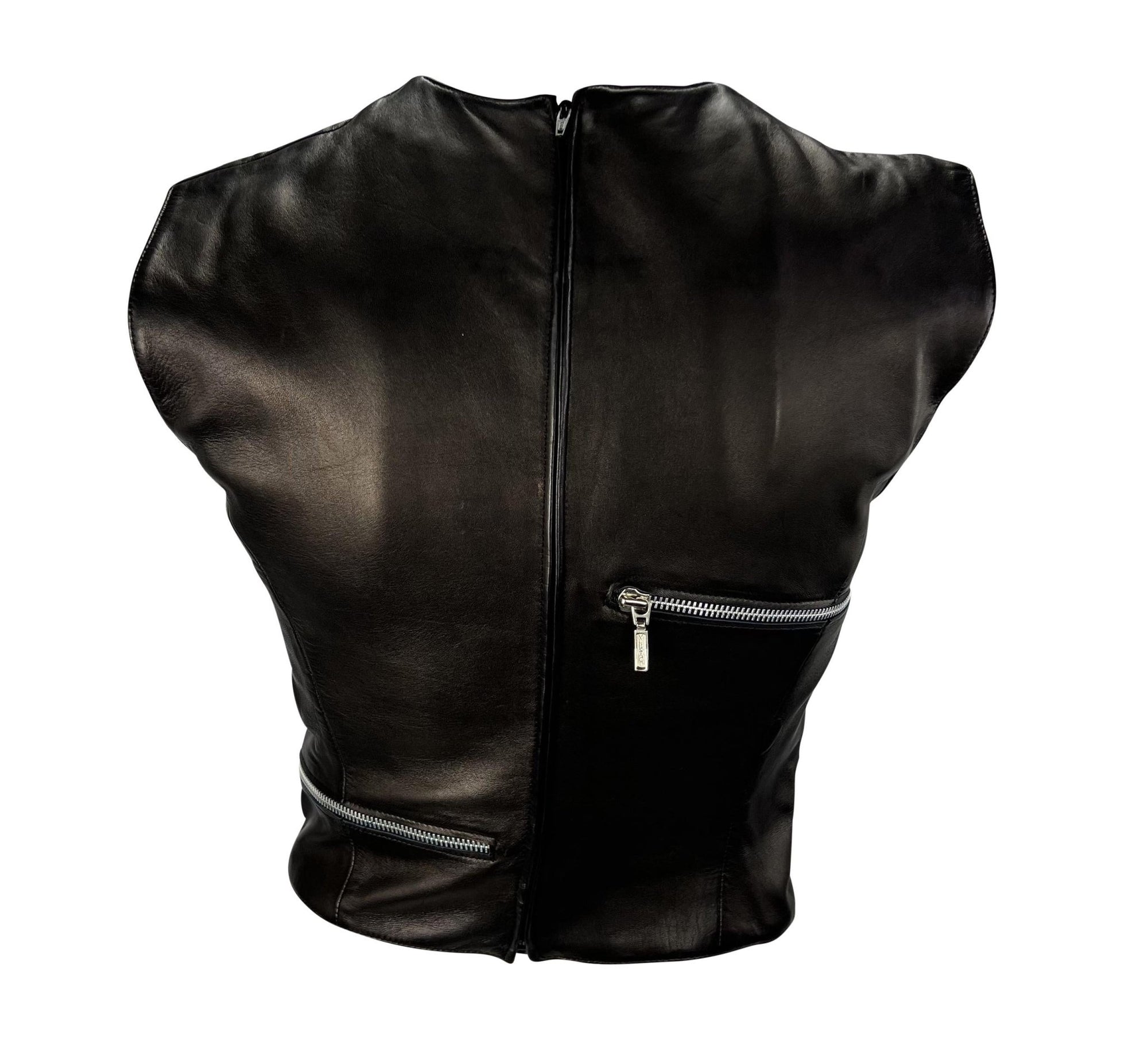 F/W 1998 Gianni Versace by Donatella Black Leather Zip Accent Crop Top Runway - RealList