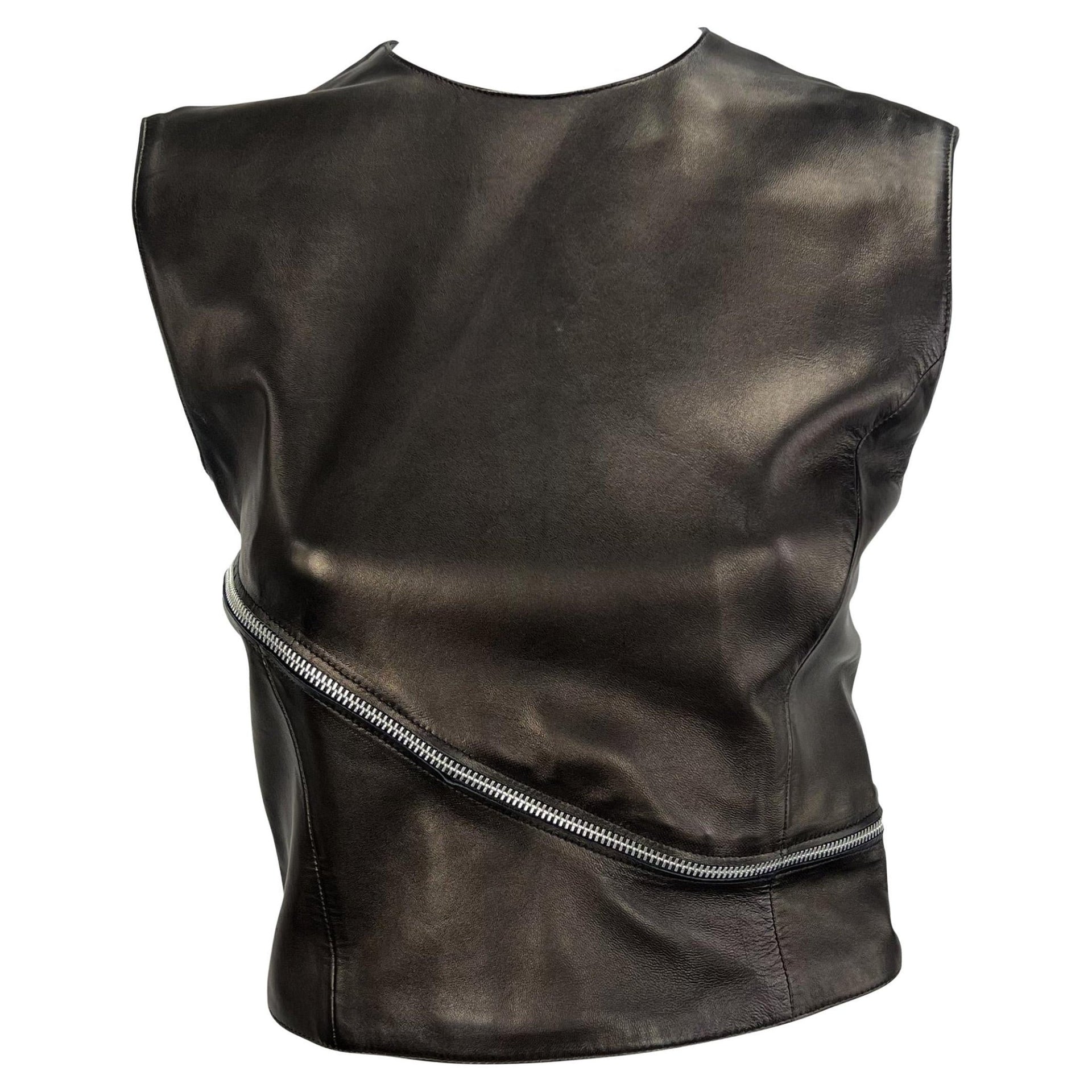 F/W 1998 Gianni Versace by Donatella Black Leather Zip Accent Crop Top Runway - RealList