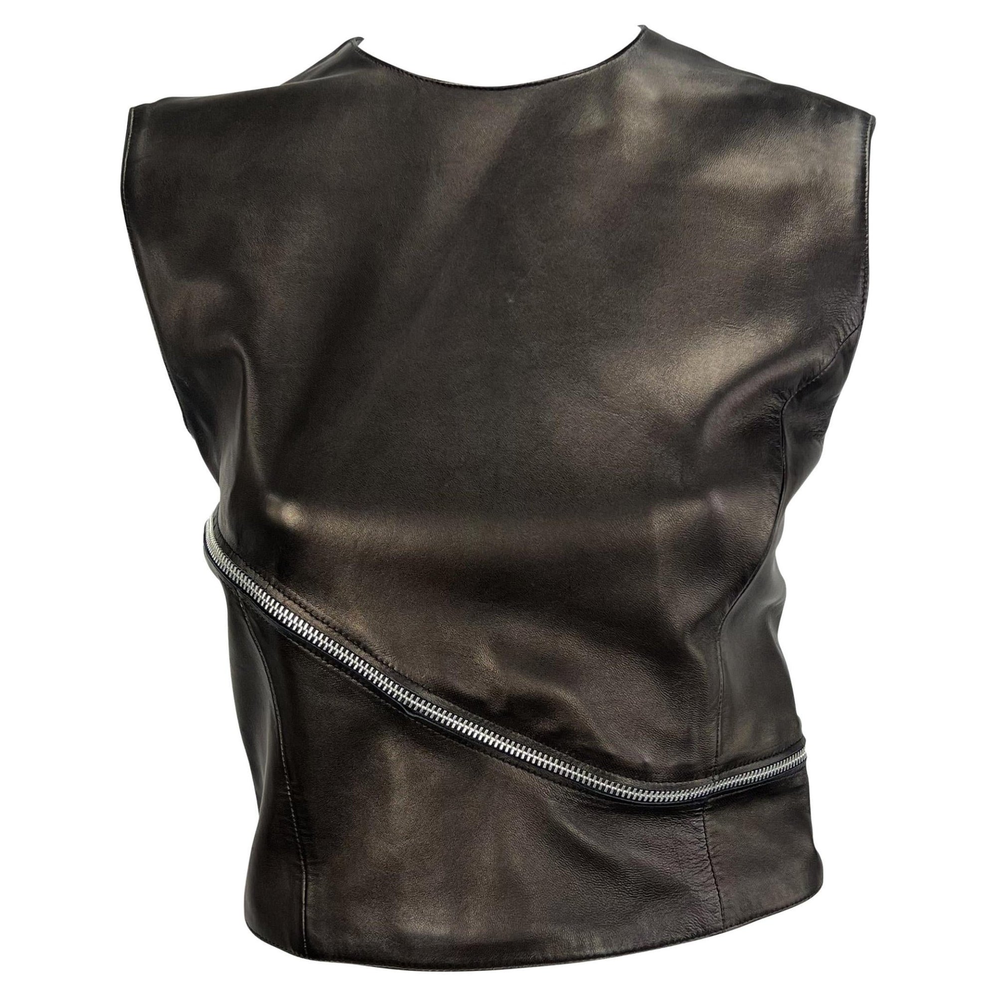 F/W 1998 Gianni Versace by Donatella Black Leather Zip Accent Crop Top Runway - RealList