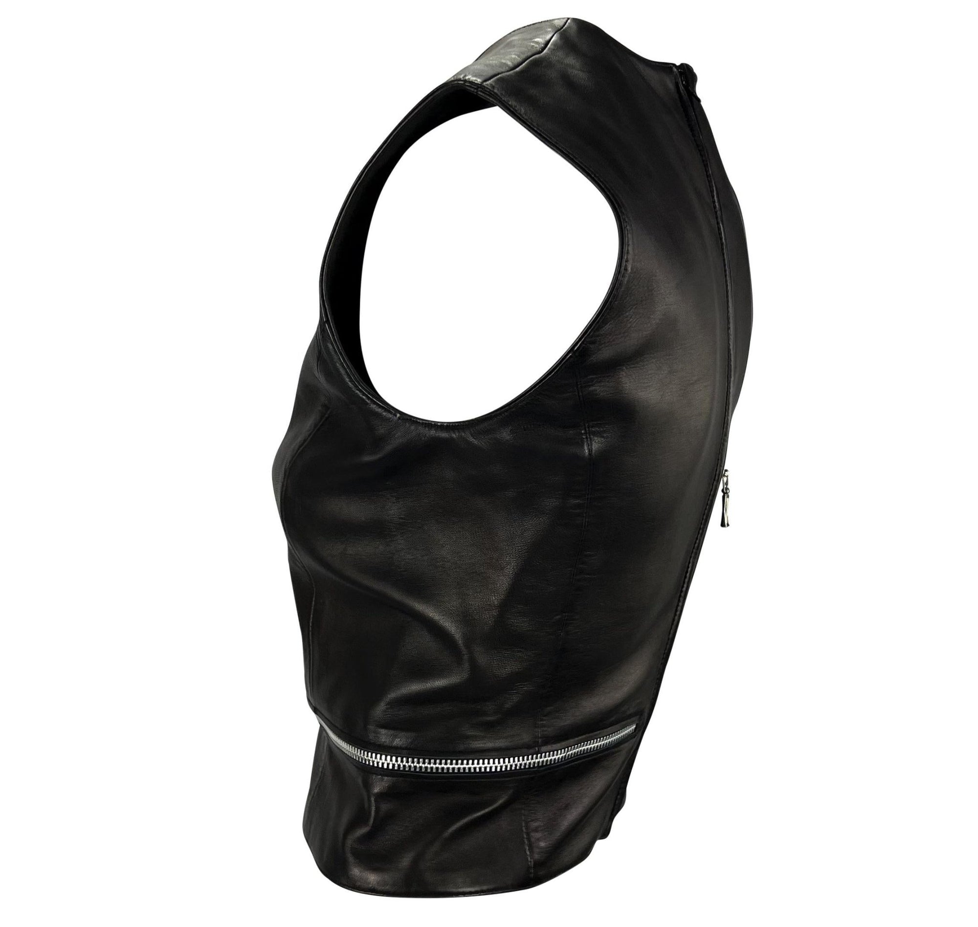 F/W 1998 Gianni Versace by Donatella Black Leather Zip Accent Crop Top Runway - RealList