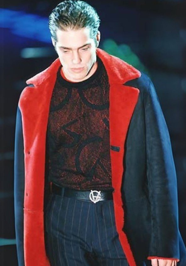F/W 1998 Gianni Versace by Donatella Mens Runway Red Shearling Black Suede Coat - RealList
