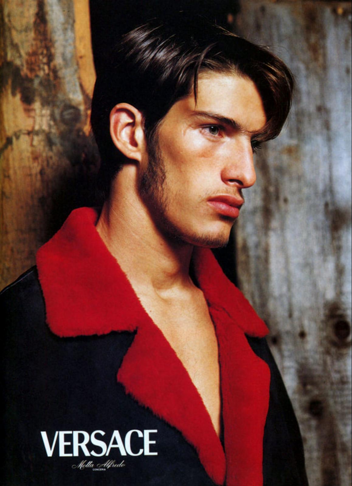 F/W 1998 Gianni Versace by Donatella Mens Runway Red Shearling Black Suede Coat - RealList