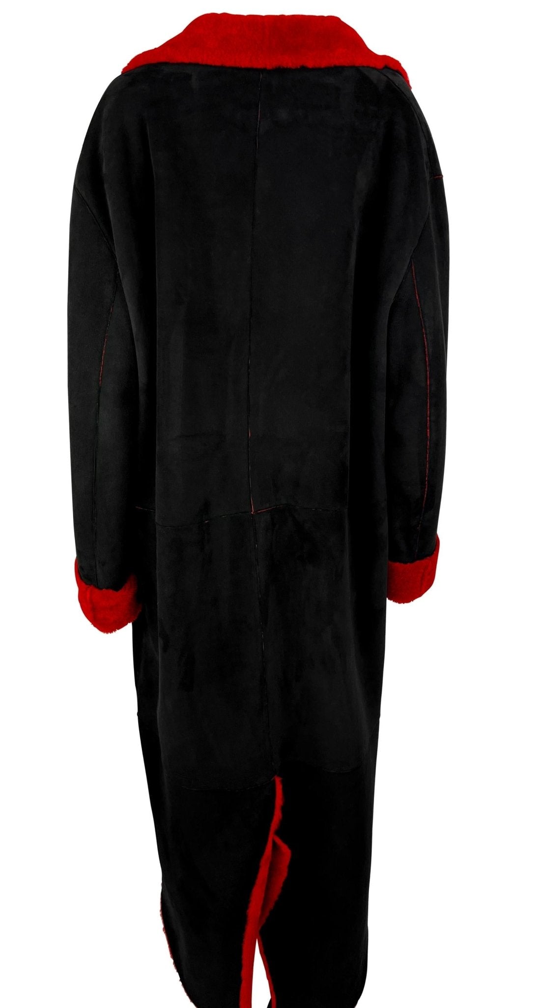 F/W 1998 Gianni Versace by Donatella Mens Runway Red Shearling Black Suede Coat - RealList