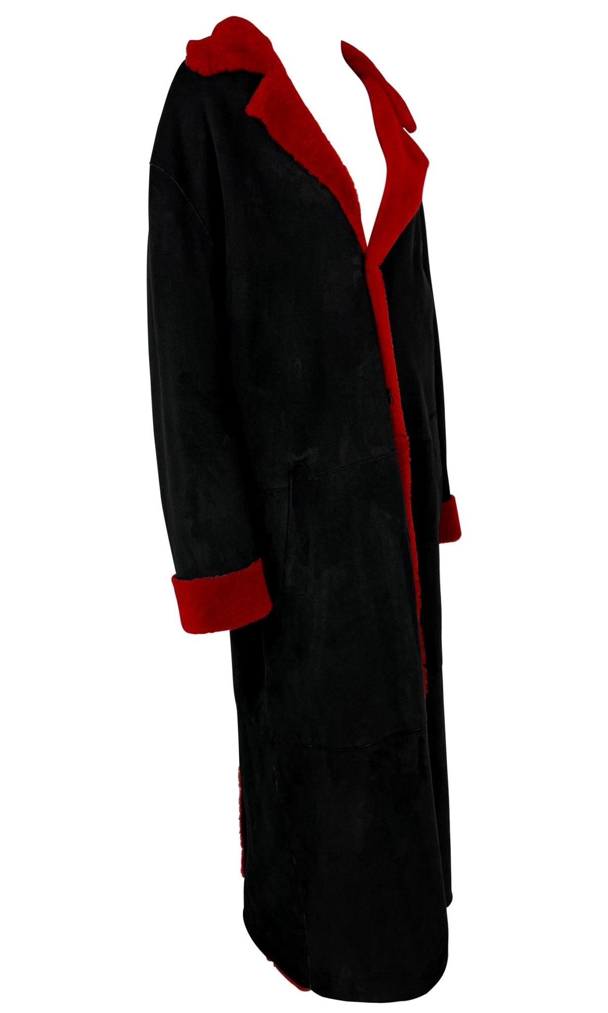 F/W 1998 Gianni Versace by Donatella Mens Runway Red Shearling Black Suede Coat - RealList