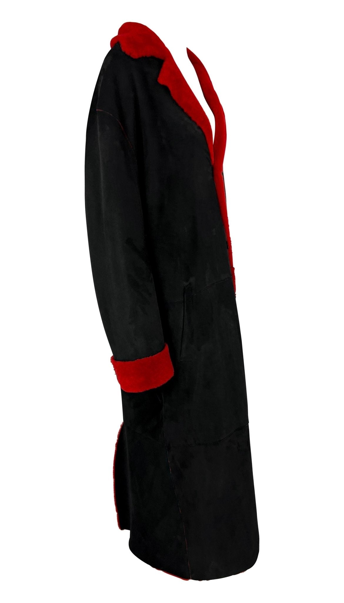 F/W 1998 Gianni Versace by Donatella Mens Runway Red Shearling Black Suede Coat - RealList