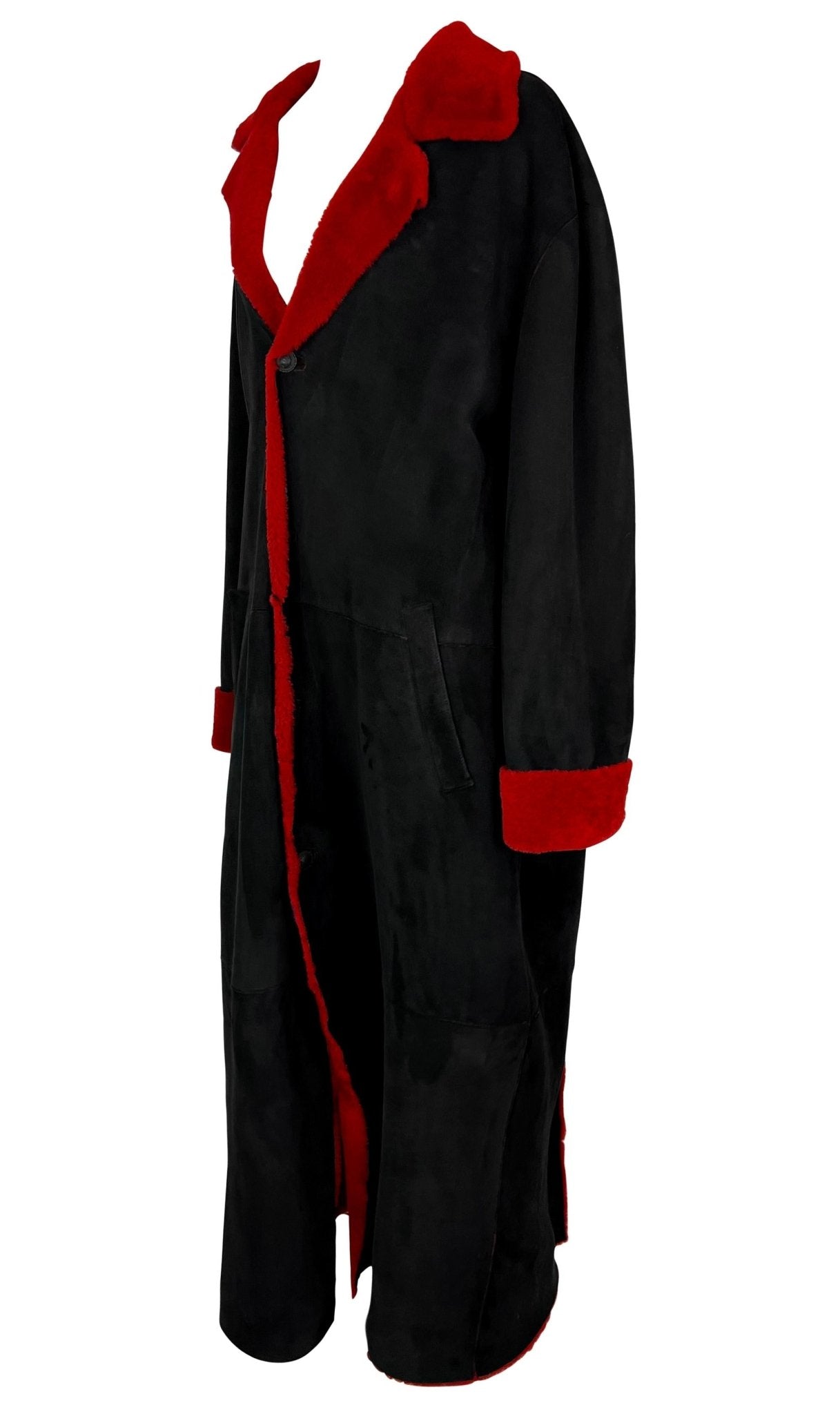 F/W 1998 Gianni Versace by Donatella Mens Runway Red Shearling Black Suede Coat - RealList
