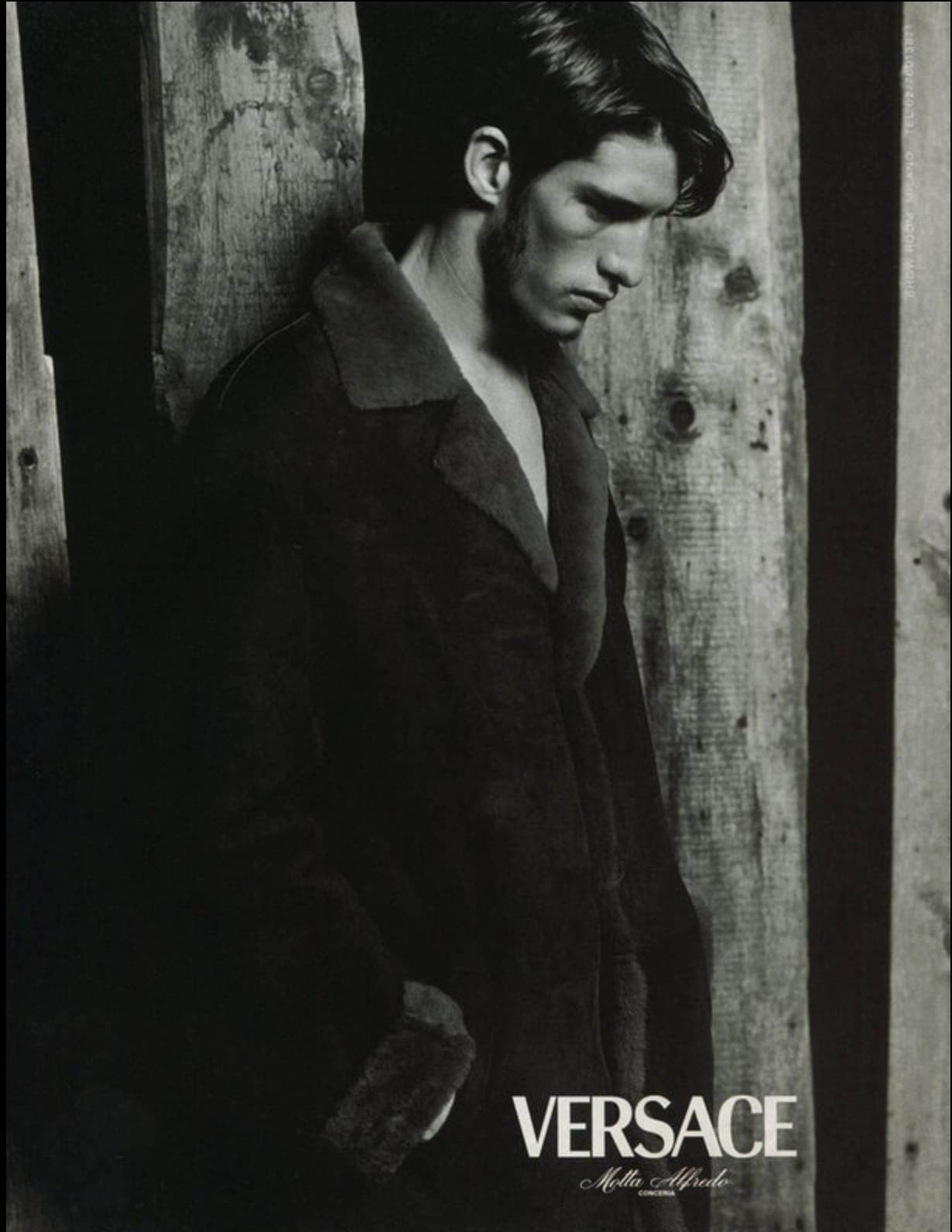 F/W 1998 Gianni Versace by Donatella Mens Runway Red Shearling Black Suede Coat - RealList