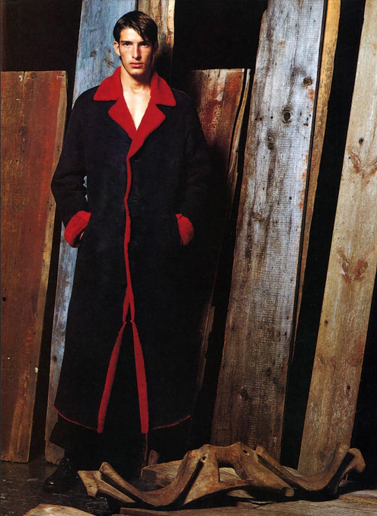 F/W 1998 Gianni Versace by Donatella Mens Runway Red Shearling Black Suede Coat - RealList