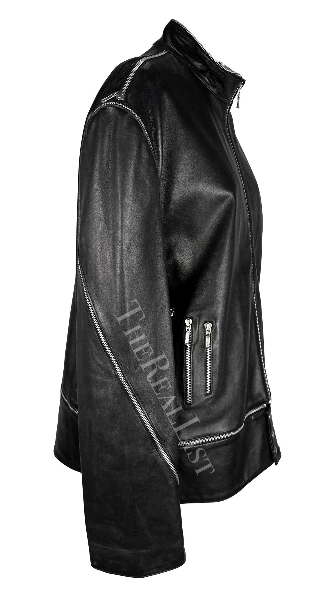 F/W 1998 Gianni Versace by Donatella Mens Runway Zip Accent Leather Moto Jacket - RealList