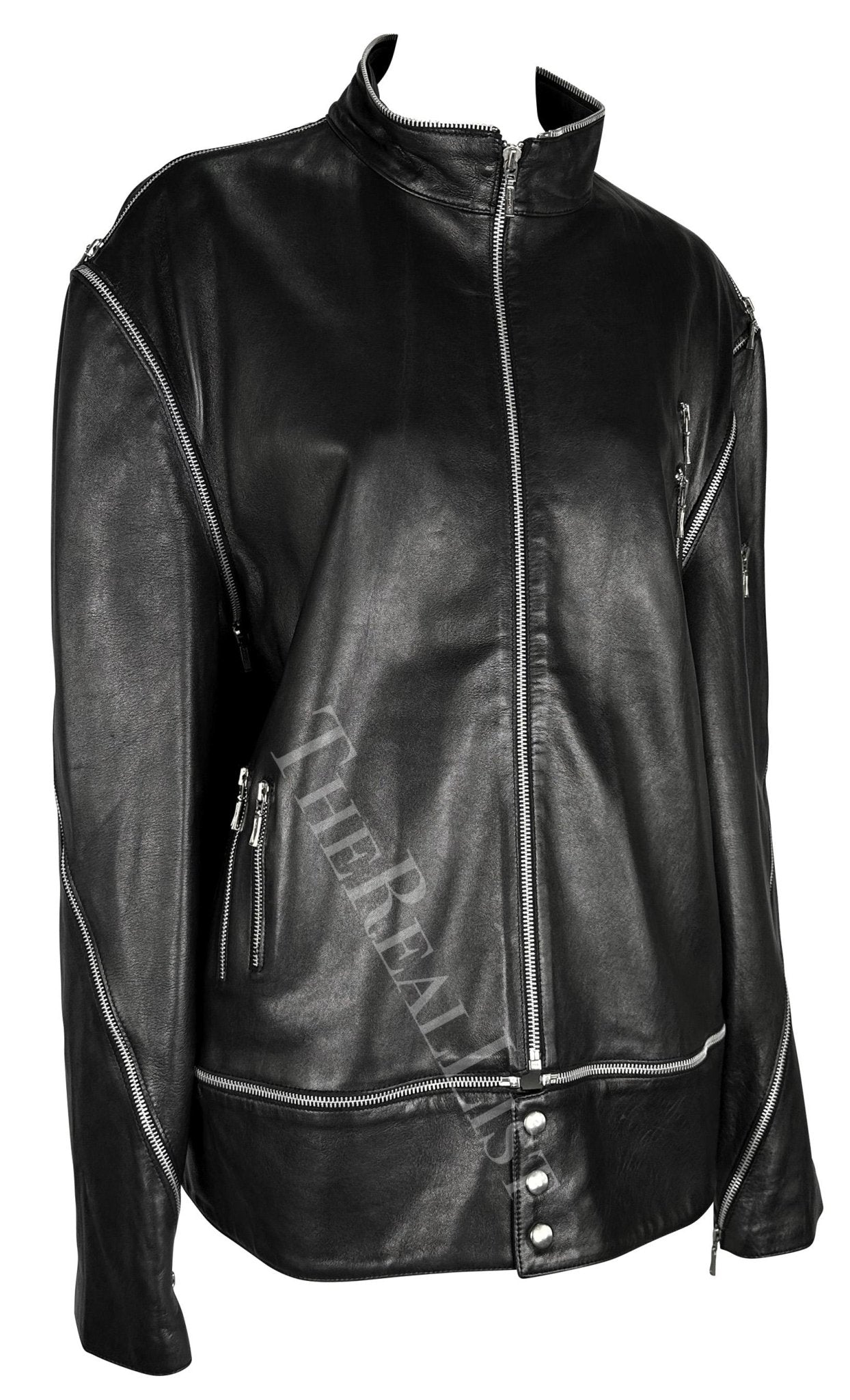 F/W 1998 Gianni Versace by Donatella Mens Runway Zip Accent Leather Moto Jacket - RealList