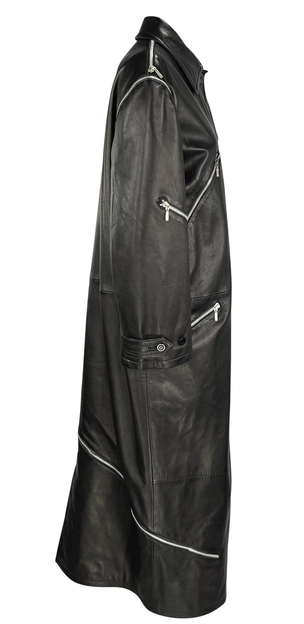 F/W 1998 Gianni Versace by Donatella Runway Black Leather Zip Trench Coat - RealList