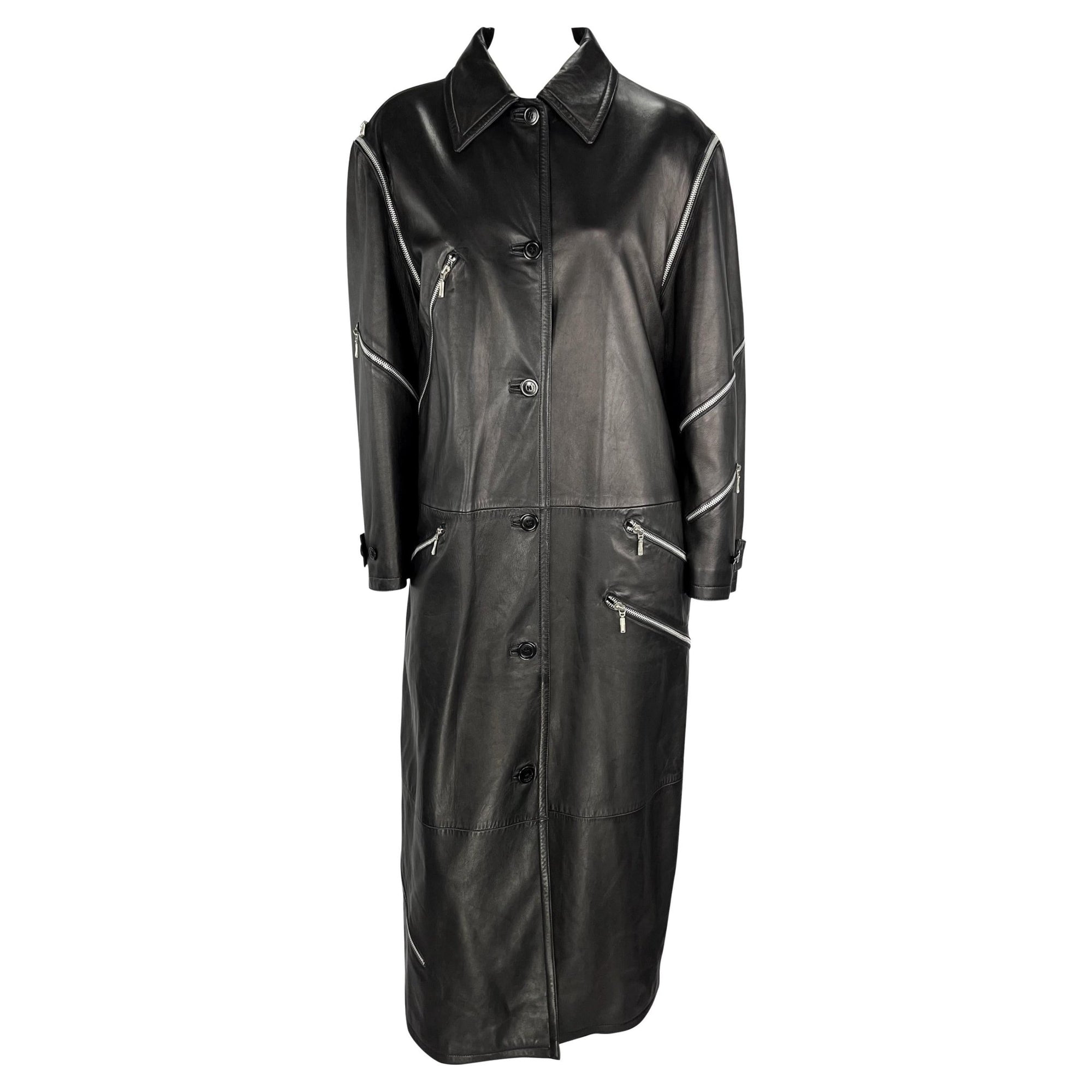 F/W 1998 Gianni Versace by Donatella Runway Black Leather Zip Trench Coat - RealList