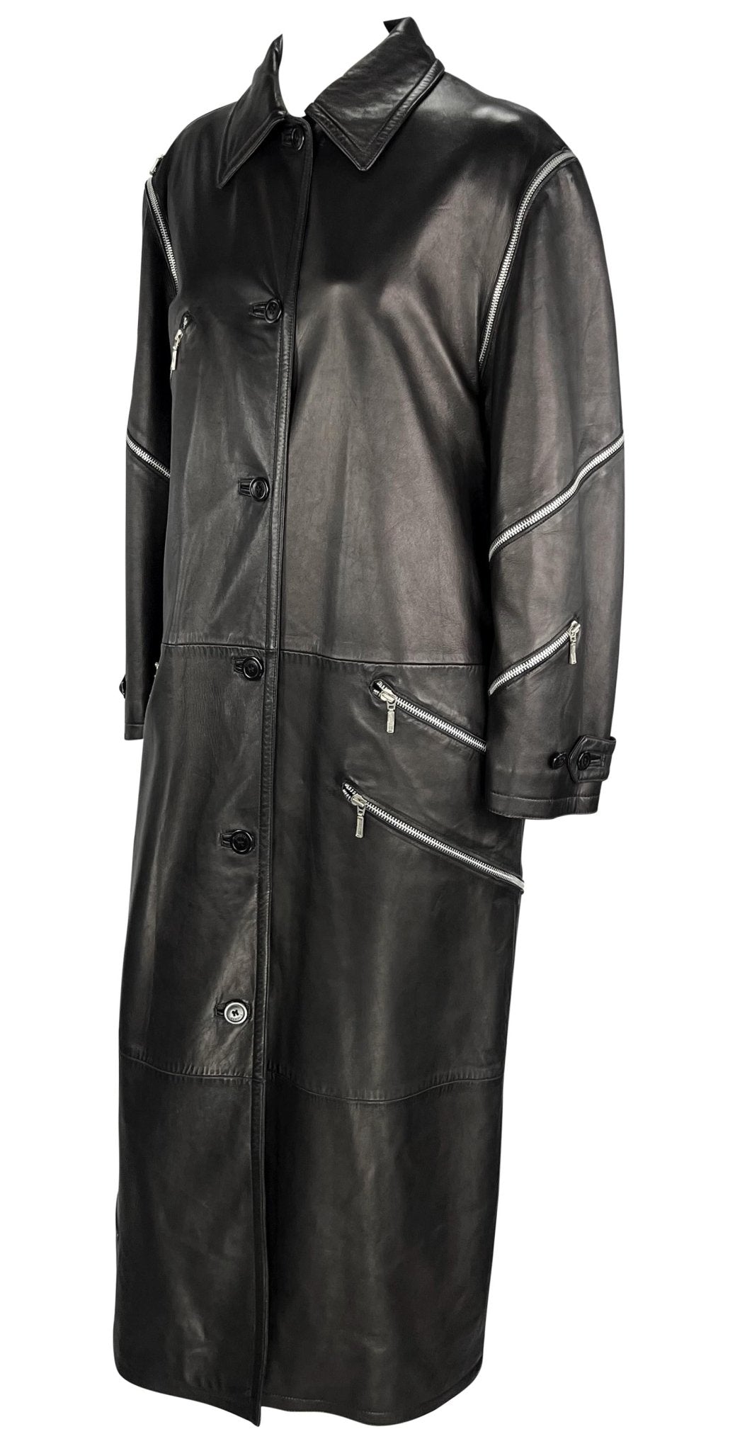 F/W 1998 Gianni Versace by Donatella Runway Black Leather Zip Trench Coat - RealList