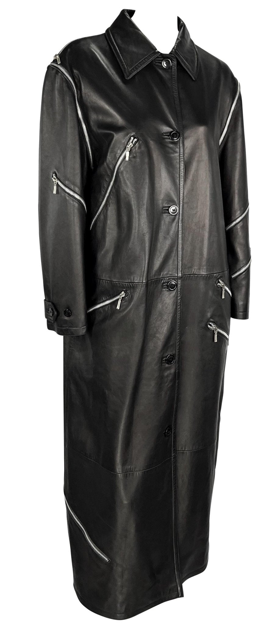F/W 1998 Gianni Versace by Donatella Runway Black Leather Zip Trench Coat - RealList
