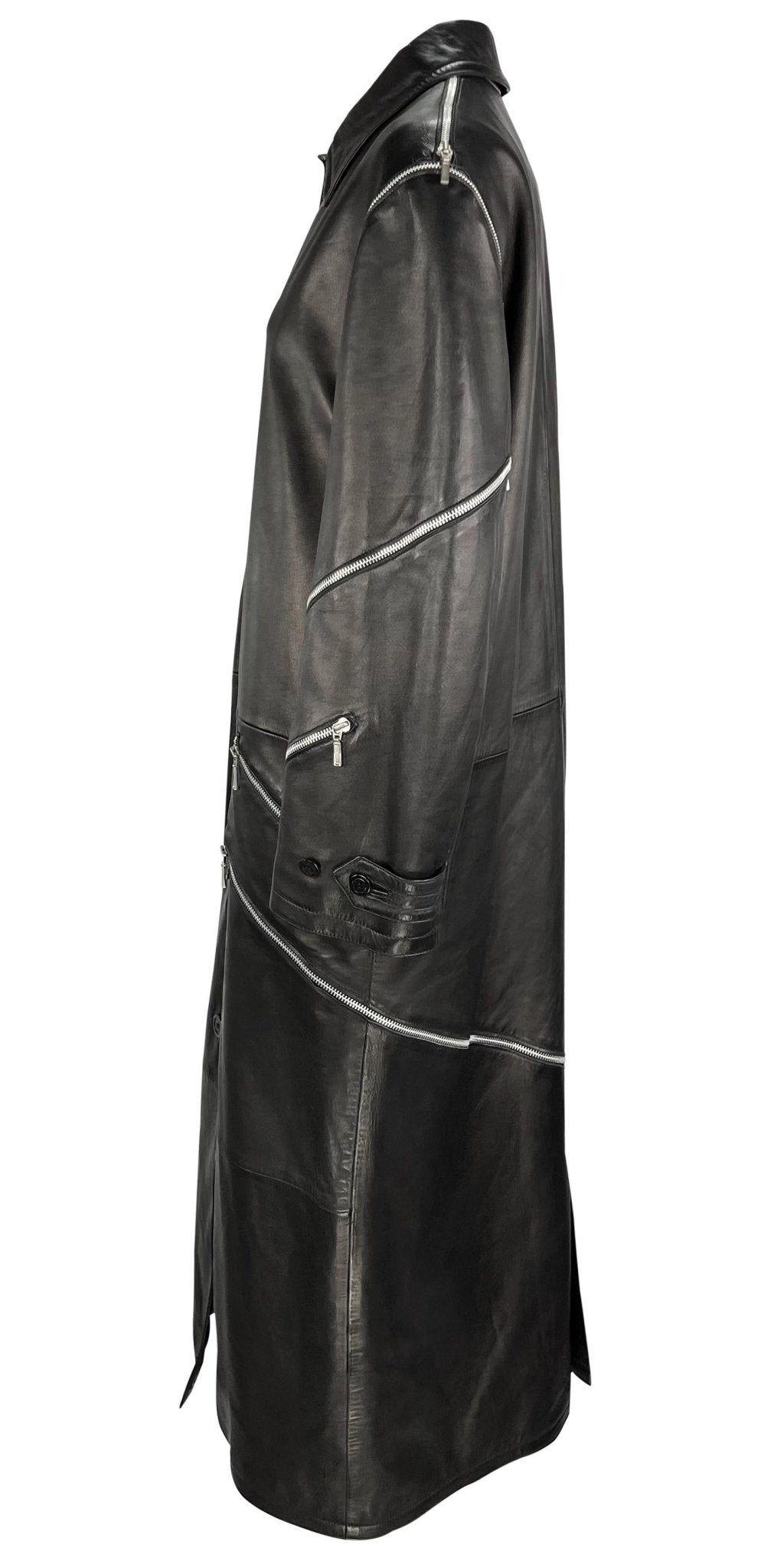 F/W 1998 Gianni Versace by Donatella Runway Black Leather Zip Trench Coat - RealList