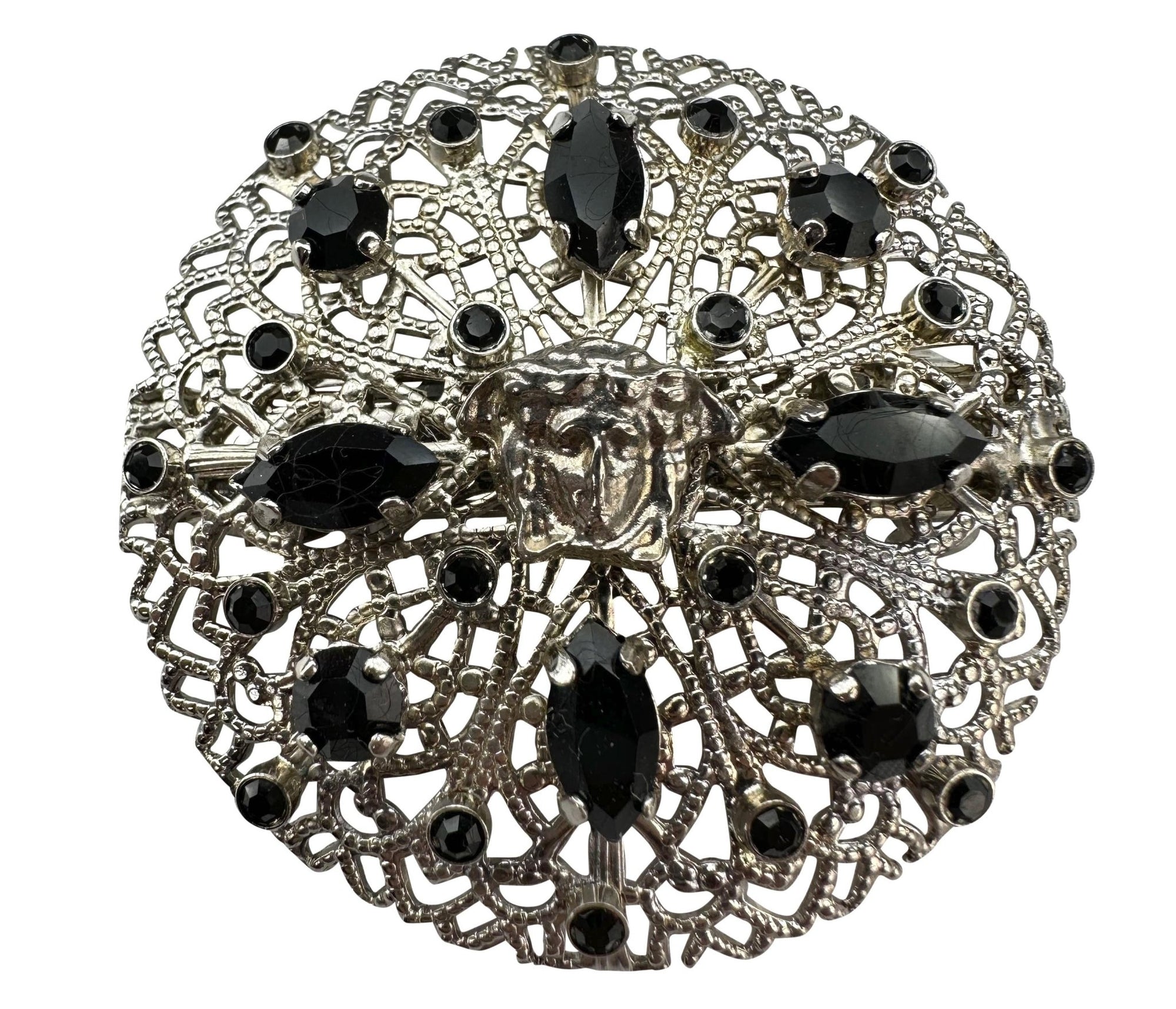 F/W 1998 Gianni Versace by Donatella Silver Tone Round Black Crystal Hair Clip - RealList