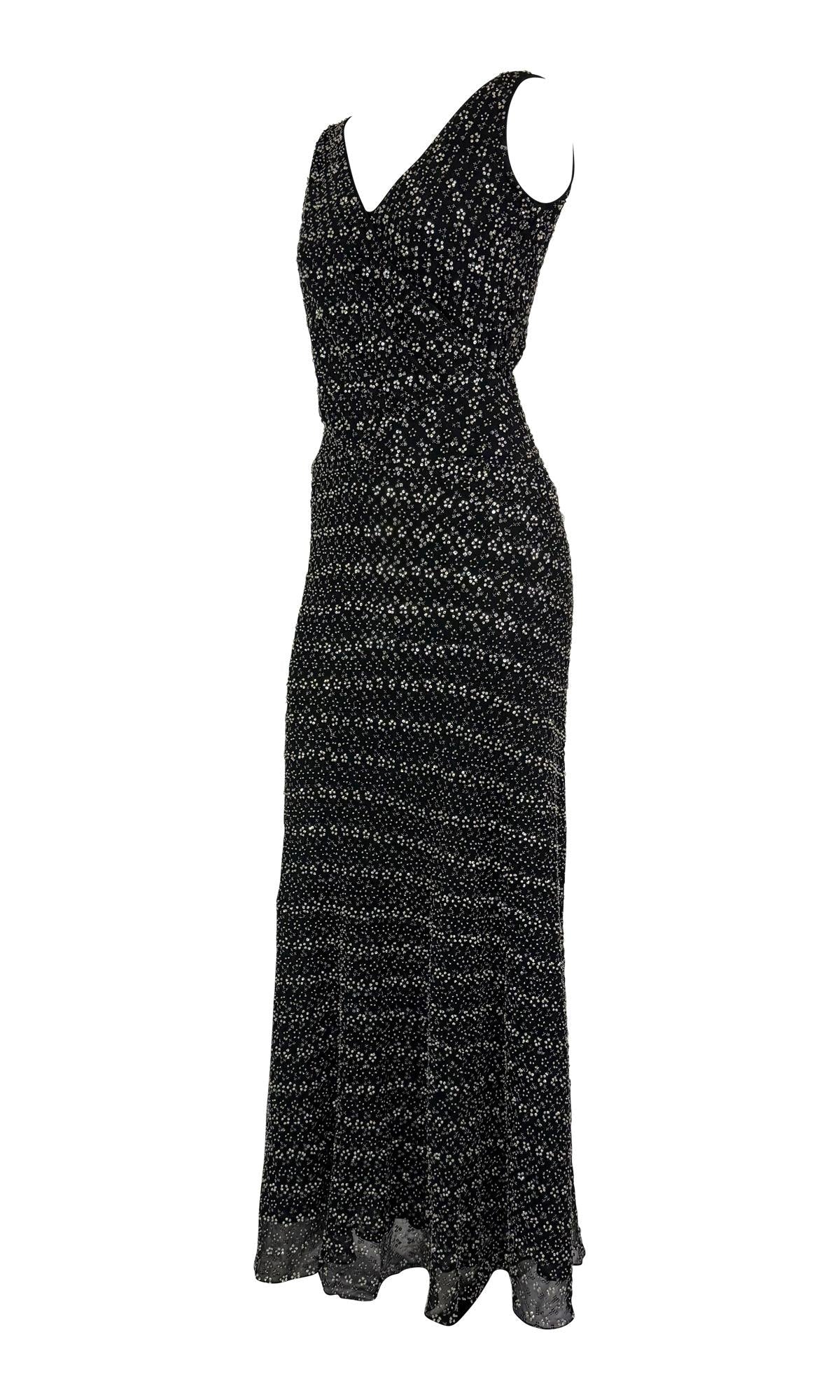 F/W 1998 Giorgio Armani Black Silk Silver Floral Beaded Sleeveless Gown - RealList