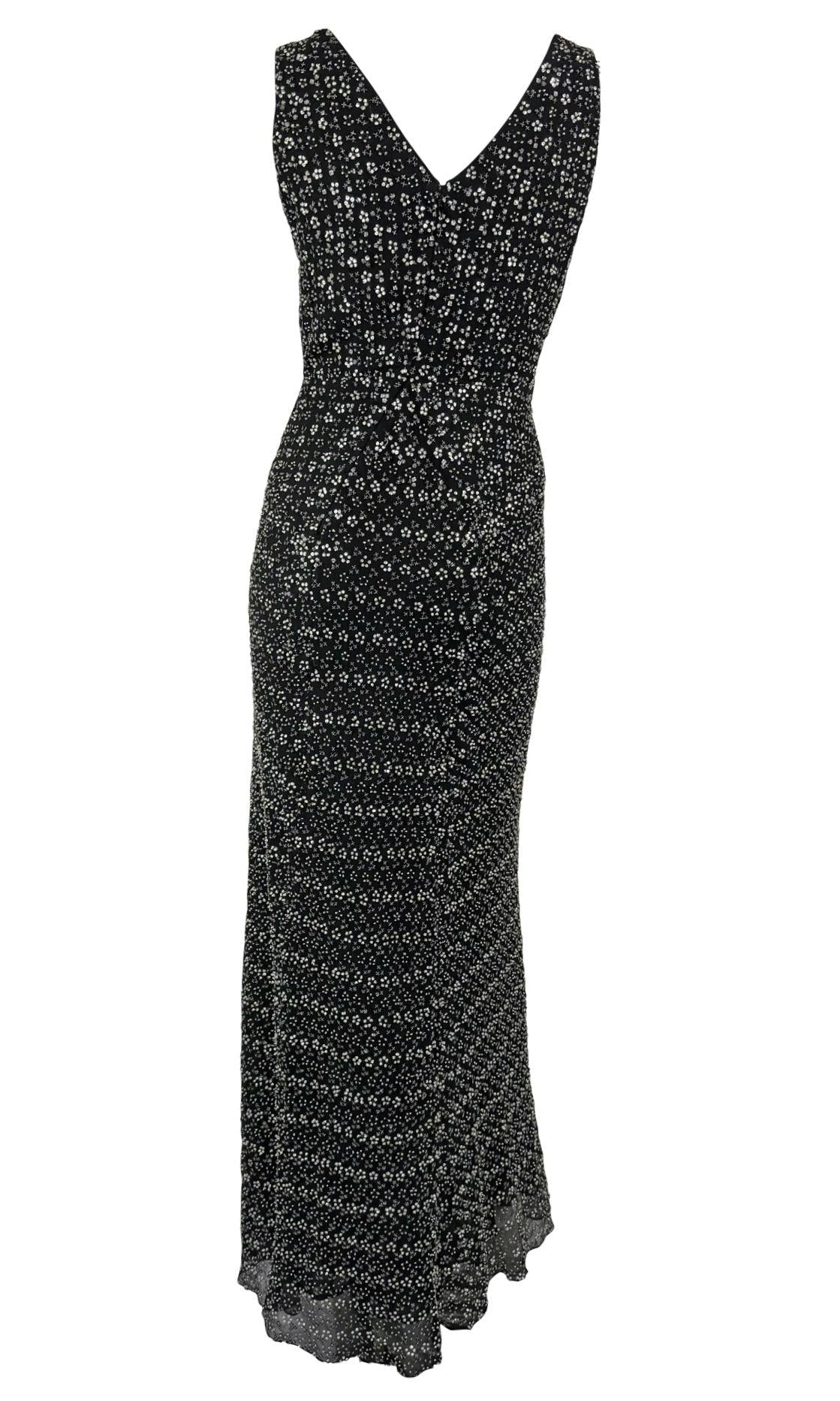 F/W 1998 Giorgio Armani Black Silk Silver Floral Beaded Sleeveless Gown - RealList