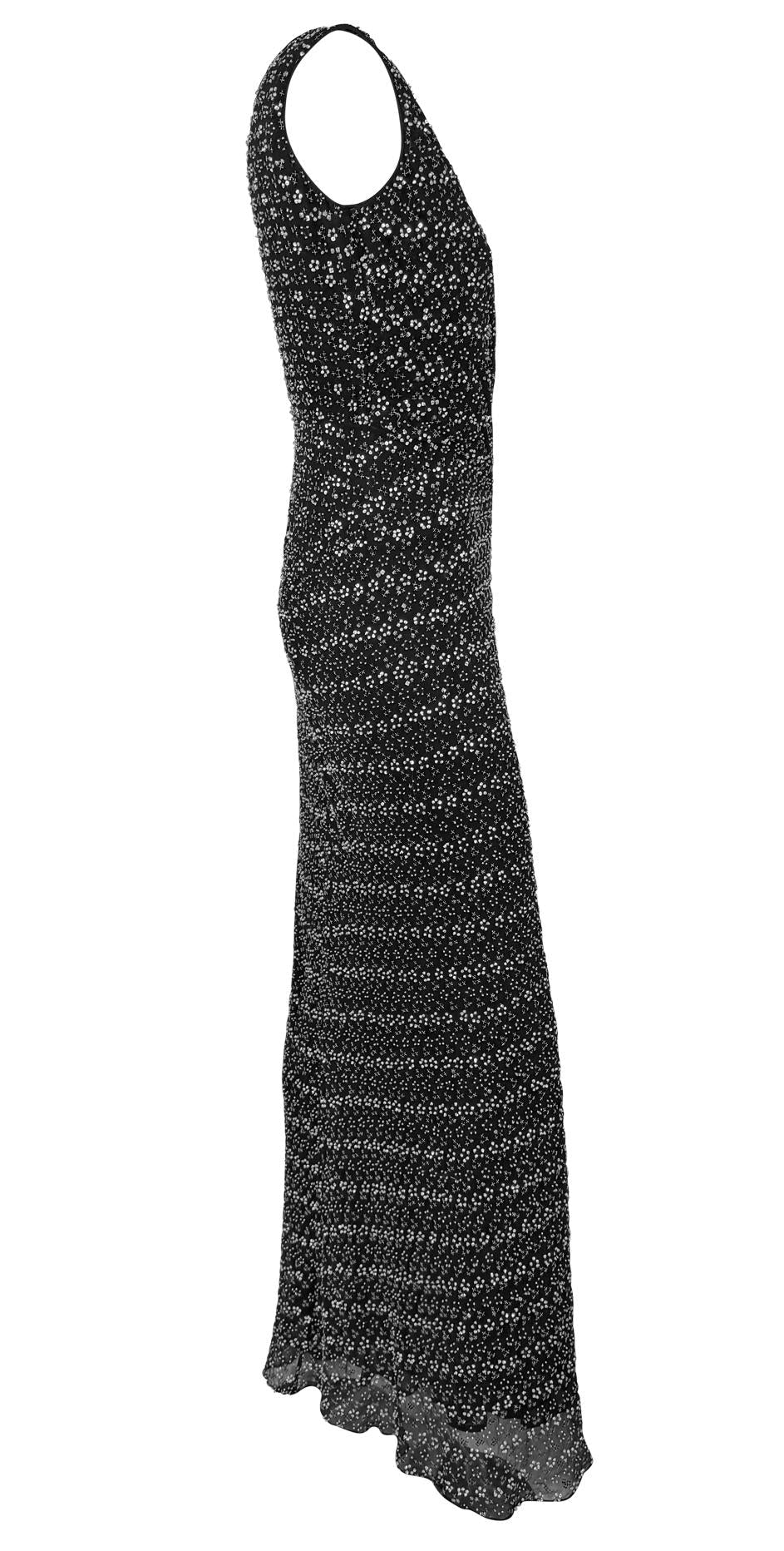 F/W 1998 Giorgio Armani Black Silk Silver Floral Beaded Sleeveless Gown - RealList