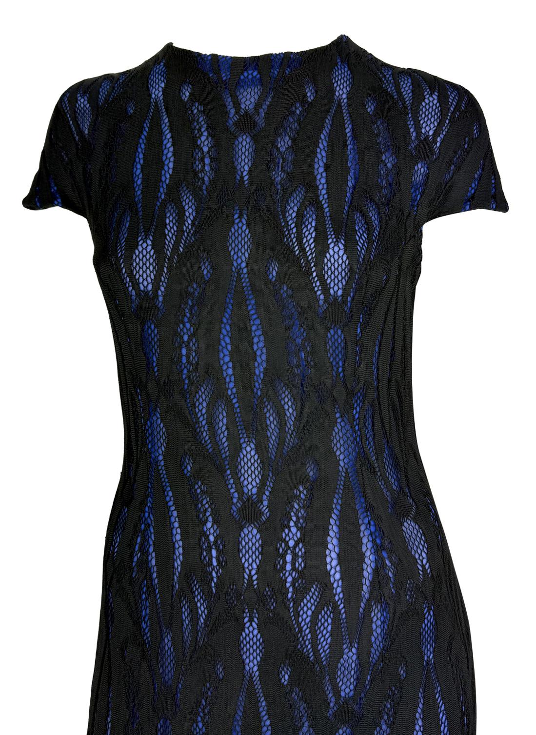 F/W 1998 Givenchy by Alexander McQueen Runway Sheer Black Lace Blue Stretch Gown - RealList