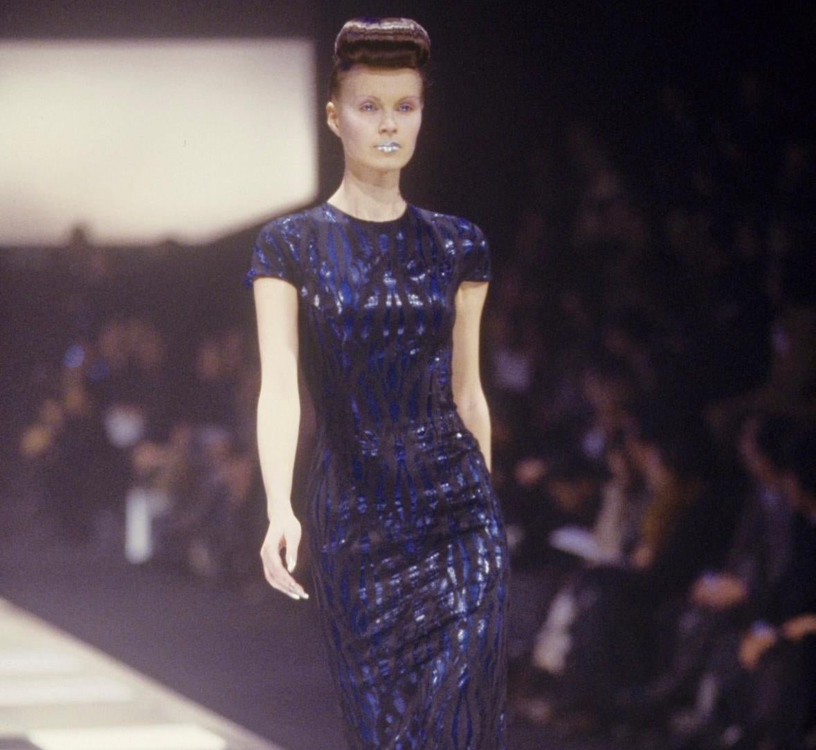F/W 1998 Givenchy by Alexander McQueen Runway Sheer Black Lace Blue Stretch Gown - RealList