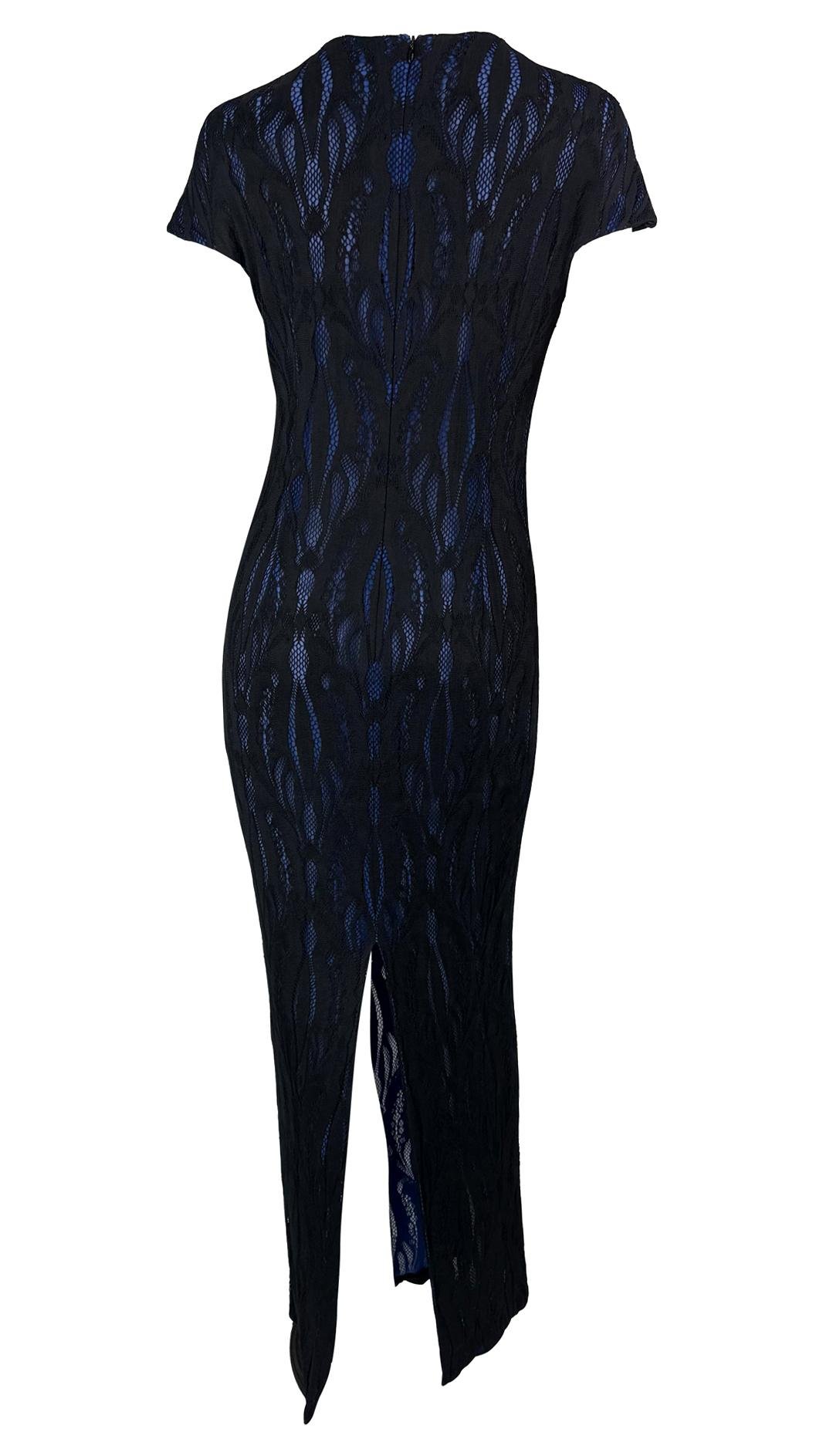 F/W 1998 Givenchy by Alexander McQueen Runway Sheer Black Lace Blue Stretch Gown - RealList