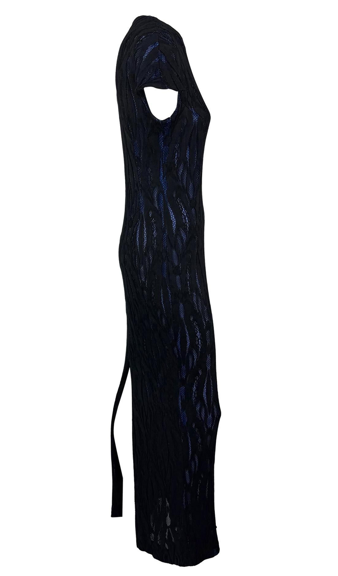 F/W 1998 Givenchy by Alexander McQueen Runway Sheer Black Lace Blue Stretch Gown - RealList