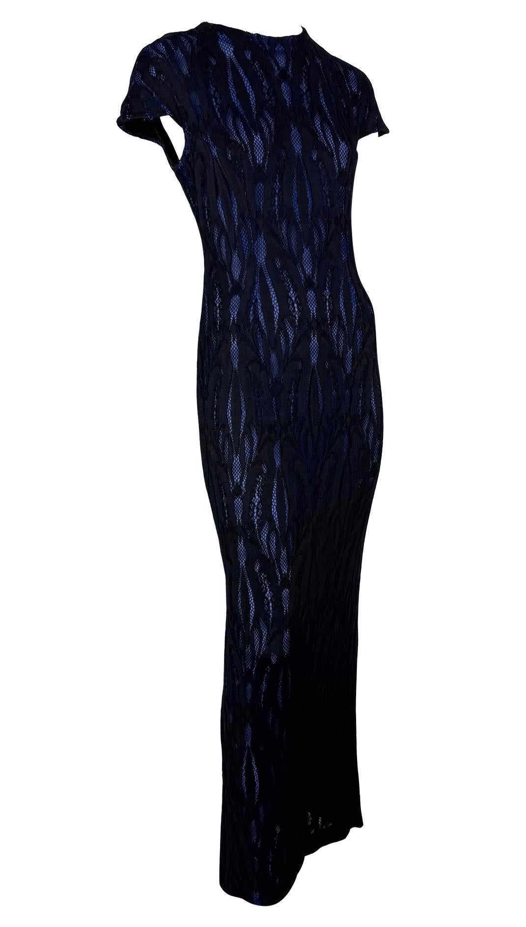 F/W 1998 Givenchy by Alexander McQueen Runway Sheer Black Lace Blue Stretch Gown - RealList