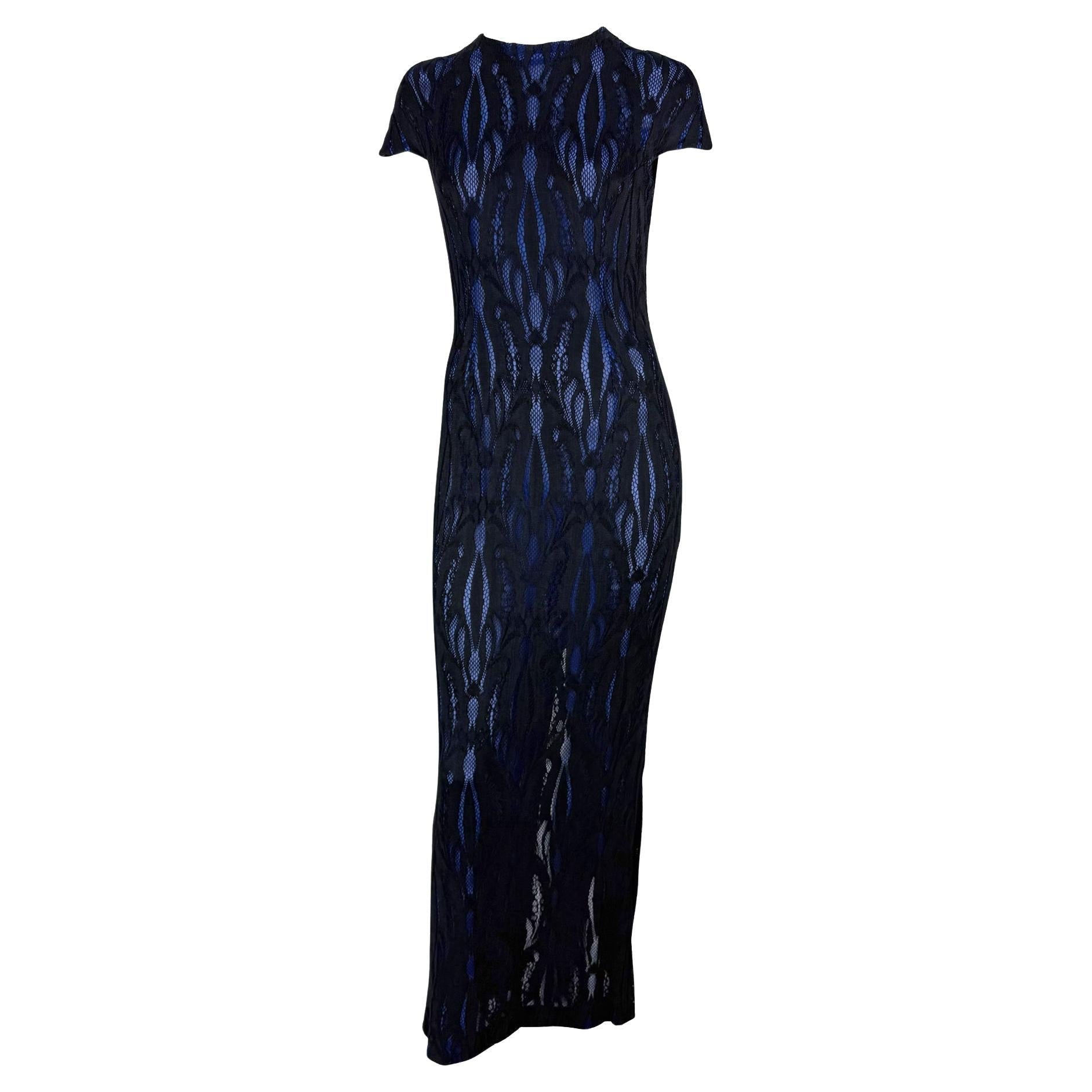 F/W 1998 Givenchy by Alexander McQueen Runway Sheer Black Lace Blue Stretch Gown - RealList