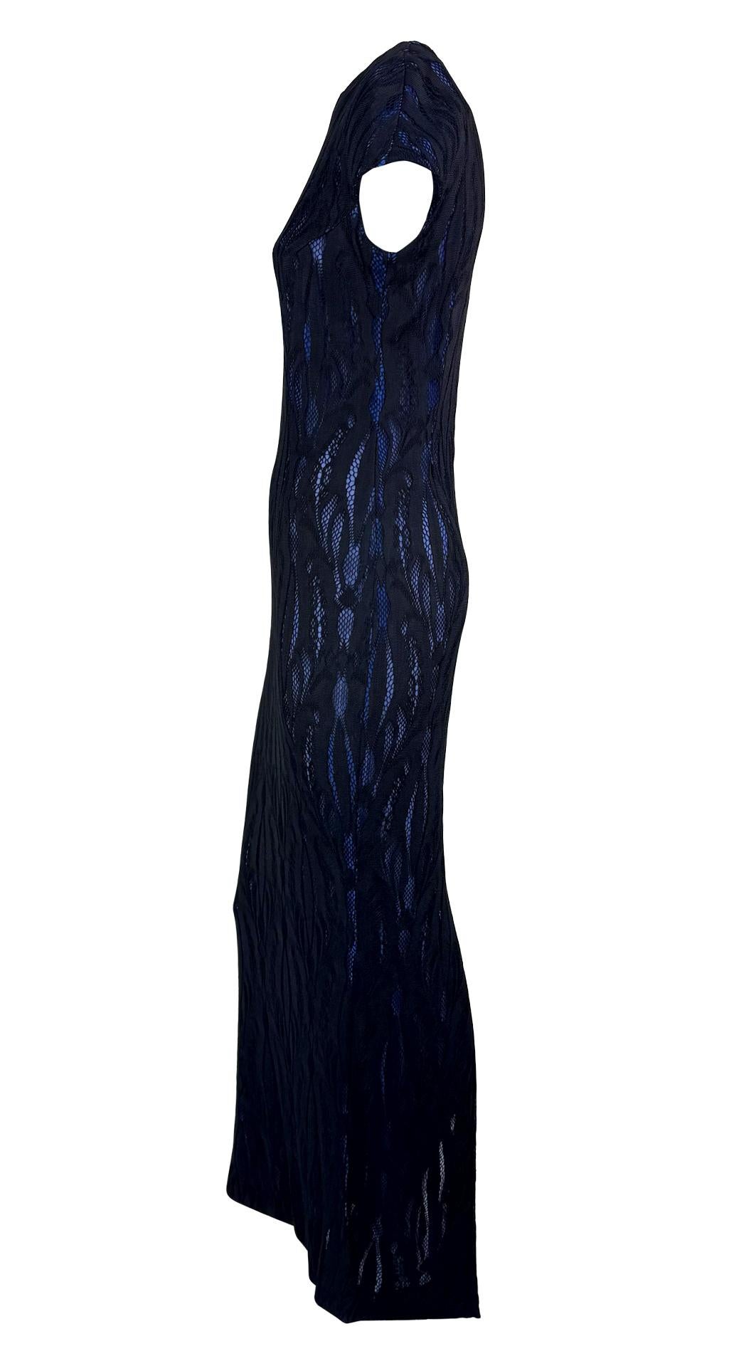 F/W 1998 Givenchy by Alexander McQueen Runway Sheer Black Lace Blue Stretch Gown - RealList