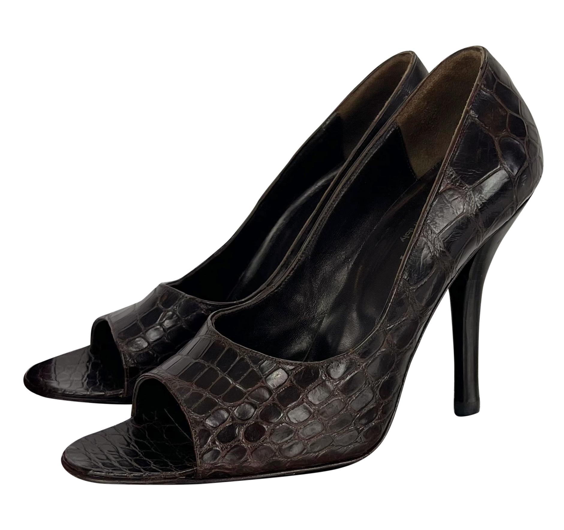 F/W 1998 Gucci by Tom Ford Ad Genuine Alligator Brown Peep Toe Heels Pumps 36.5 - RealList