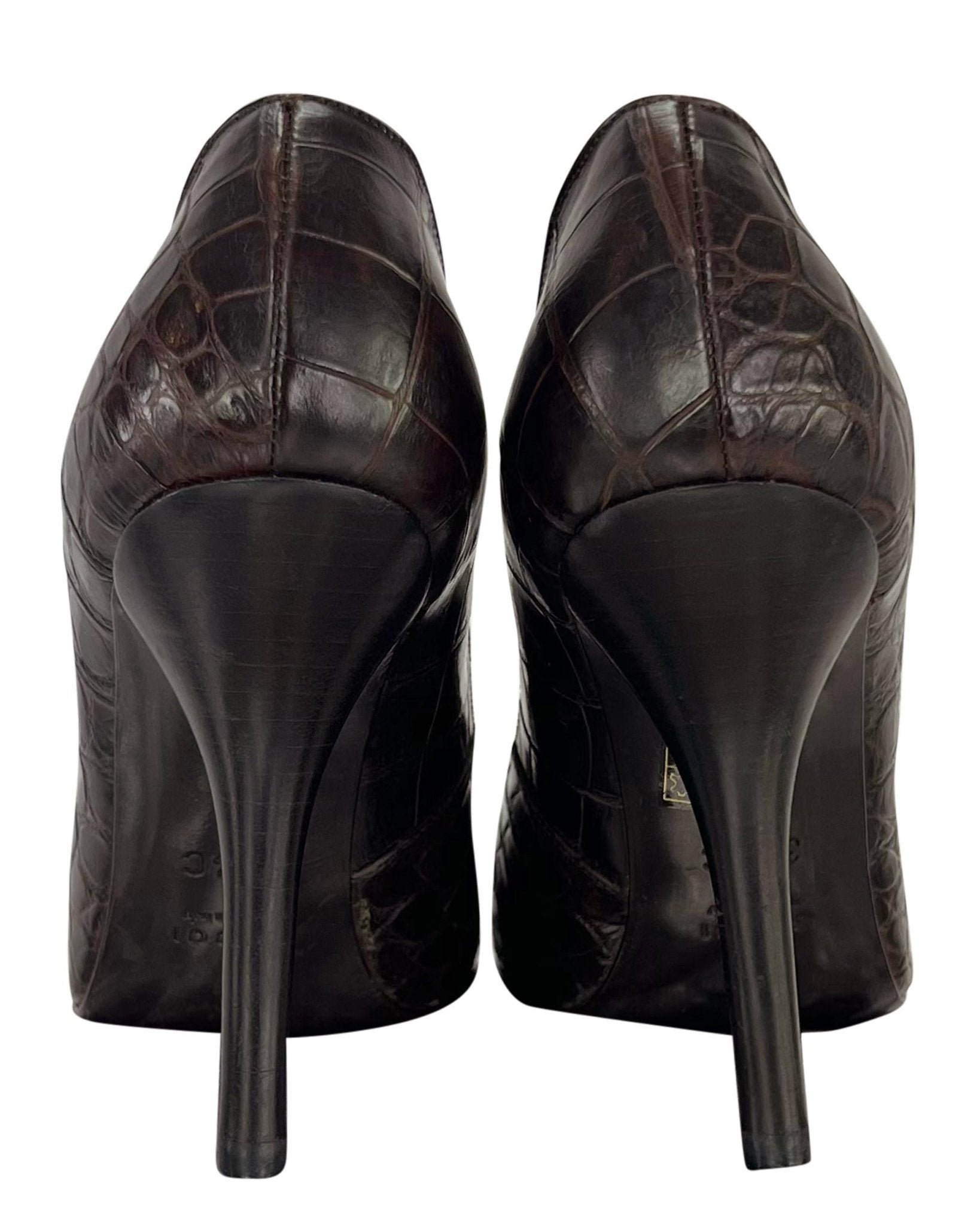 F/W 1998 Gucci by Tom Ford Ad Genuine Alligator Brown Peep Toe Heels Pumps 36.5 - RealList