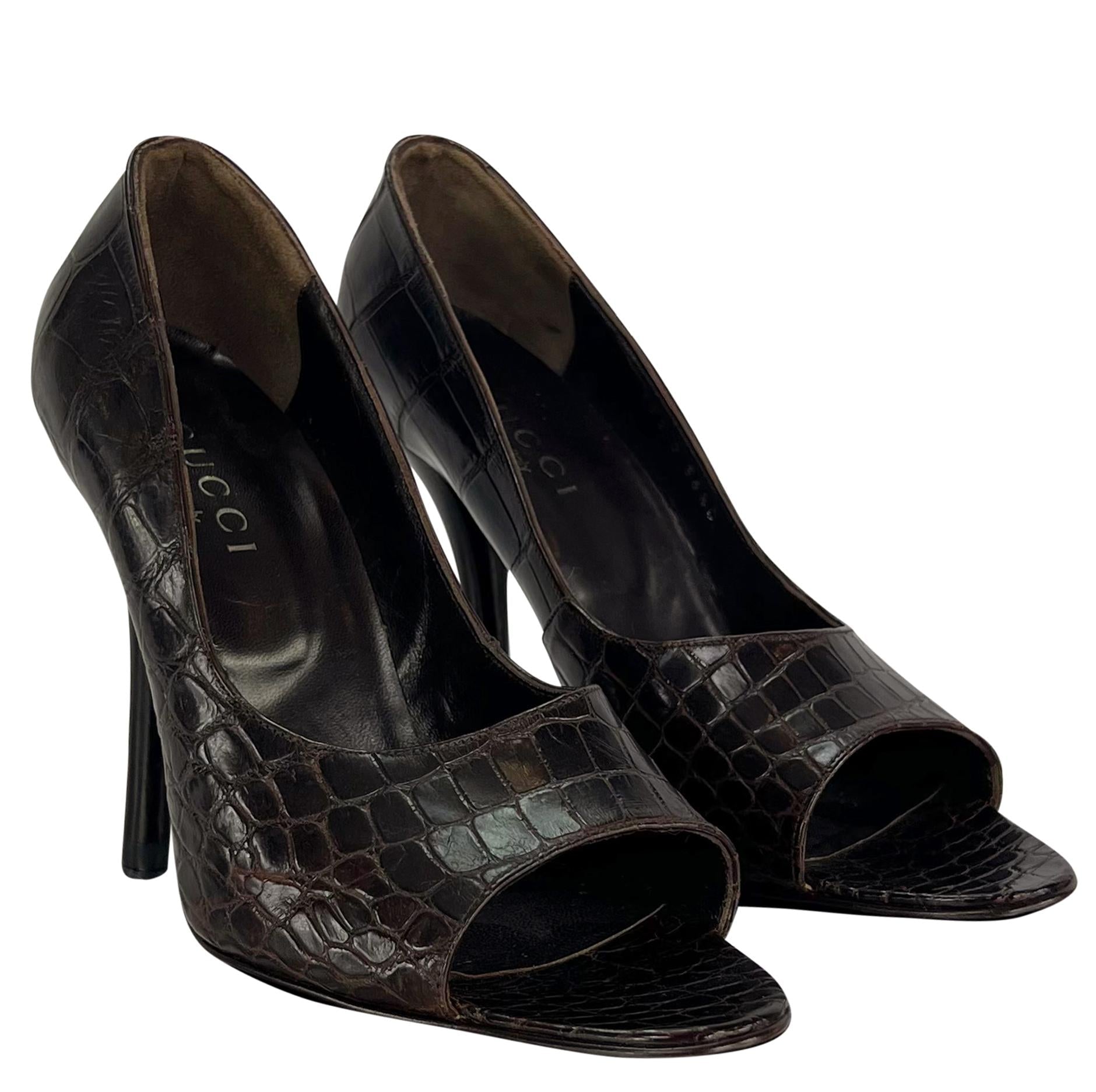 F/W 1998 Gucci by Tom Ford Ad Genuine Alligator Brown Peep Toe Heels Pumps 36.5 - RealList