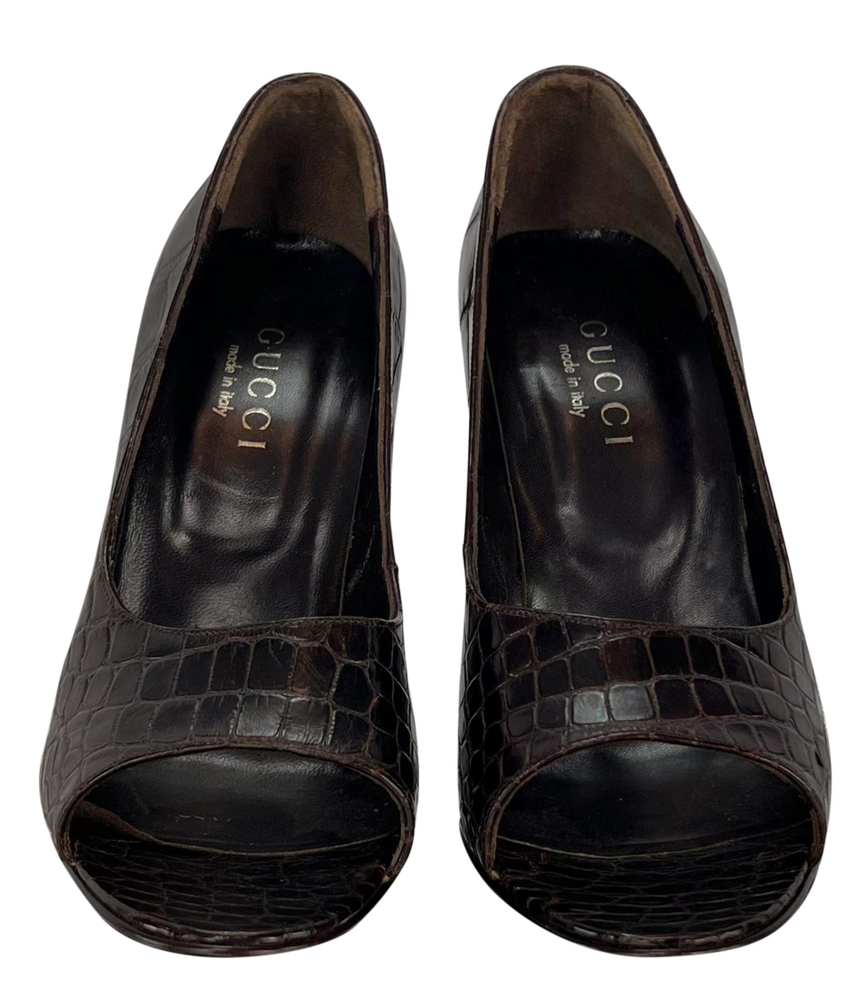 F/W 1998 Gucci by Tom Ford Ad Genuine Alligator Brown Peep Toe Heels Pumps 36.5 - RealList