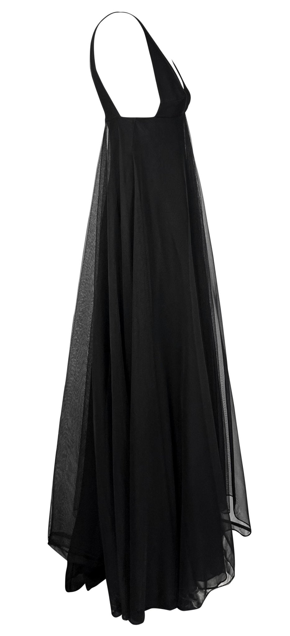 F/W 1998 Gucci by Tom Ford Runway Black Layered Tulle Sheer Plunge Gown - RealList