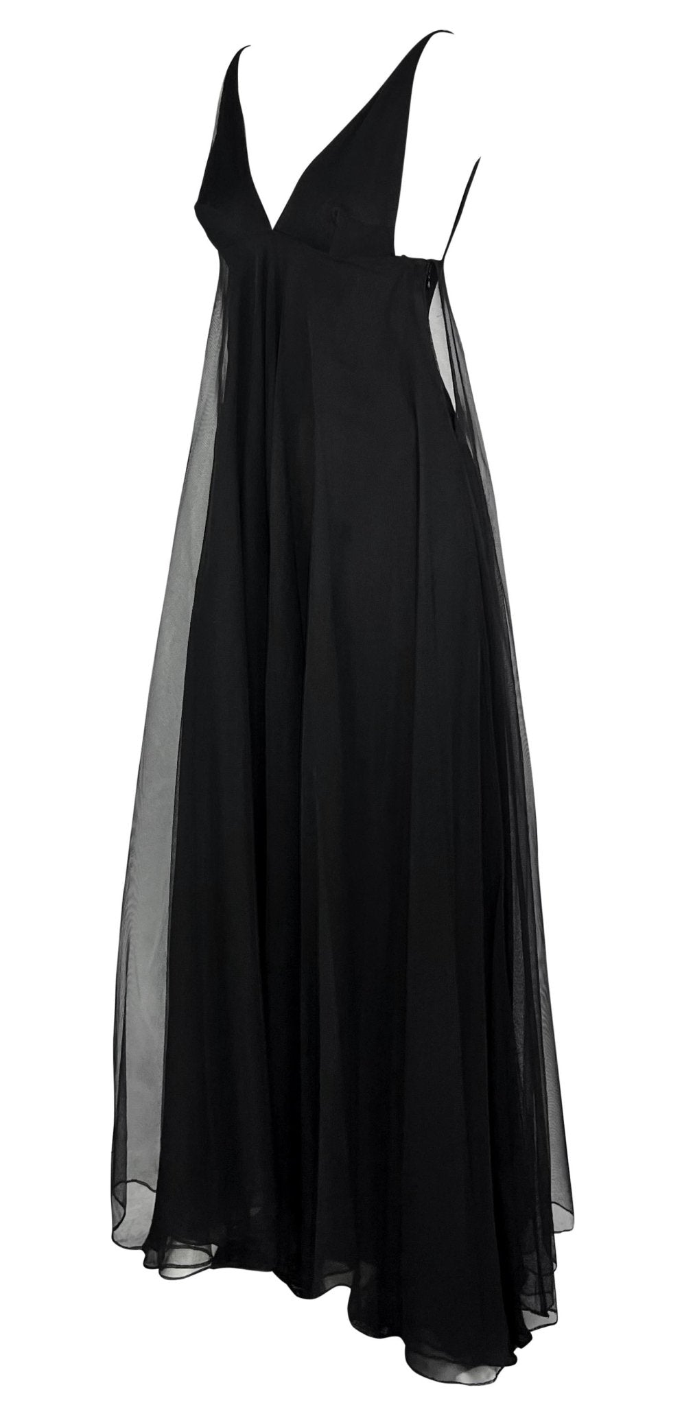 F/W 1998 Gucci by Tom Ford Runway Black Layered Tulle Sheer Plunge Gown - RealList