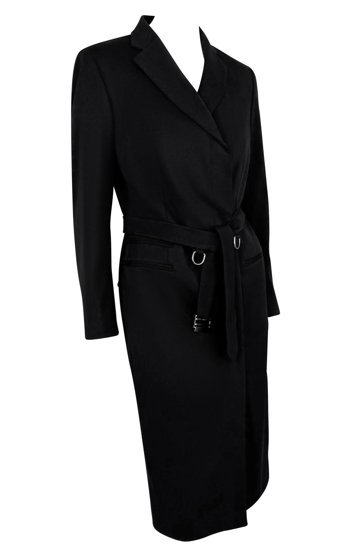 F/W 1998 Gucci by Tom Ford Runway Ring Belted Black Stretch Wool Trench Coat - RealList