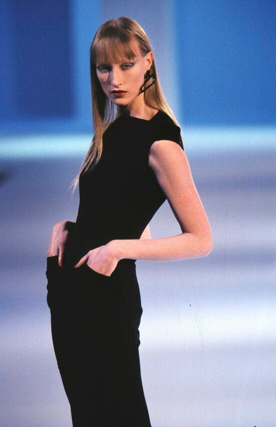 F/W 1998 Thierry Mugler Runway Black Velvet Bateau Neckline Mini Dress - RealList