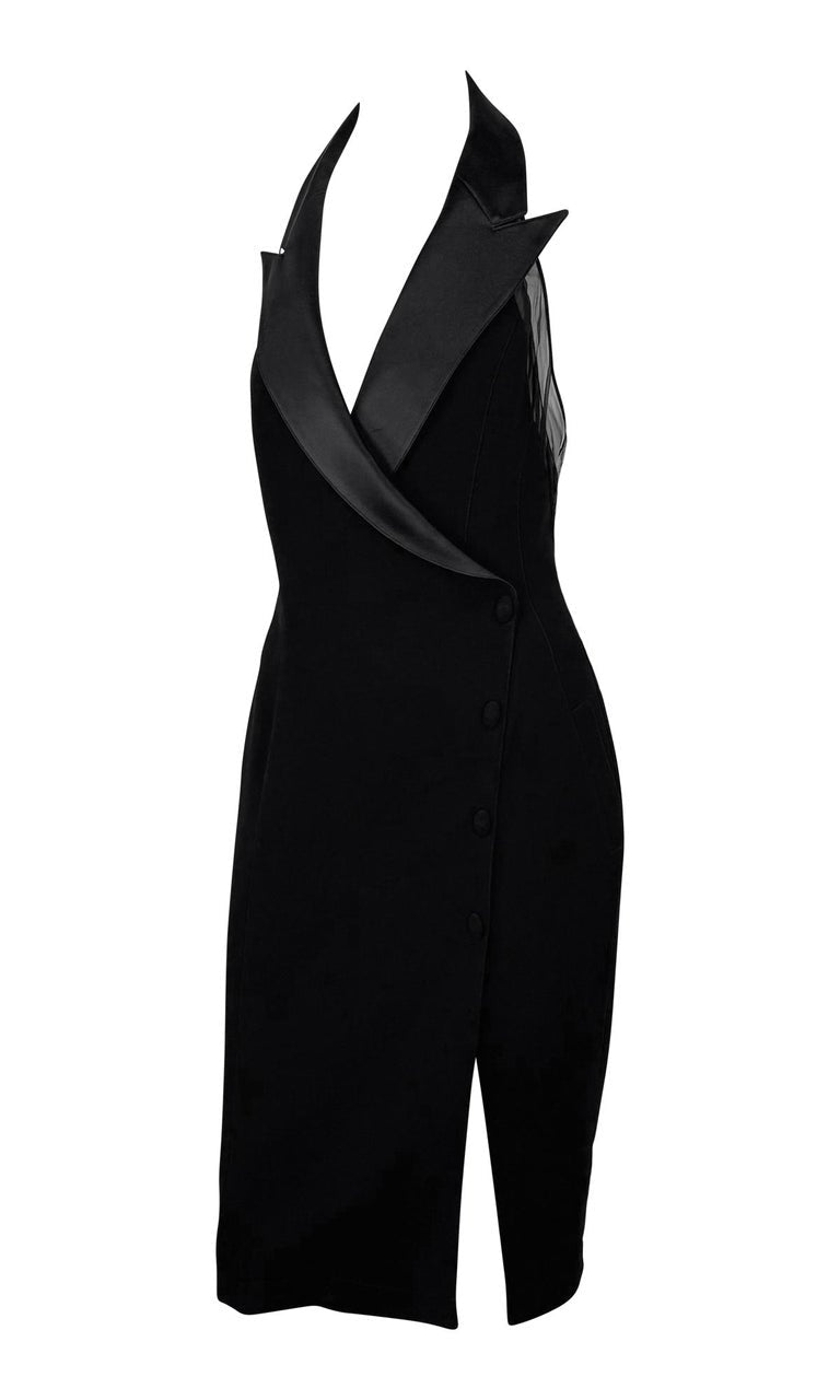F/W 1998 Thierry Mugler Runway 'Lingerie Revisited' Black Tuxedo Halter Dress - RealList