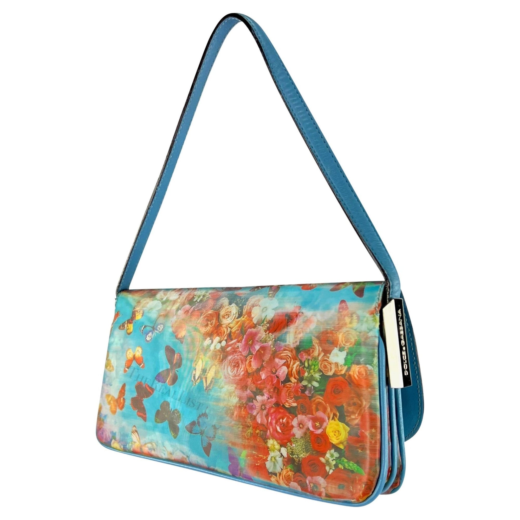 F/W 1999 Dolce & Gabbana Holographic Light Blue Floral Small Flap Shoulder Bag - RealList