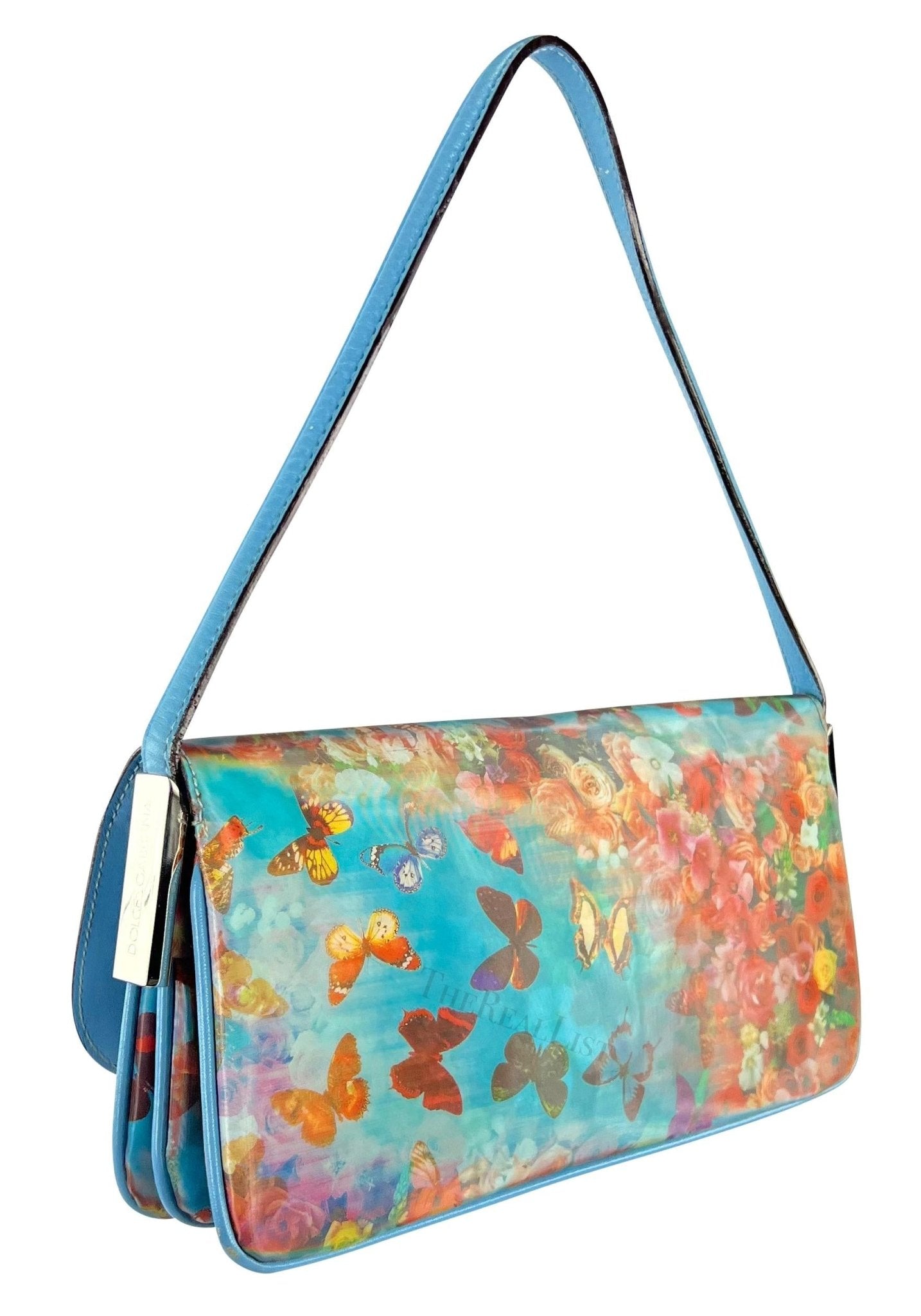 F/W 1999 Dolce & Gabbana Holographic Light Blue Floral Small Flap Shoulder Bag - RealList