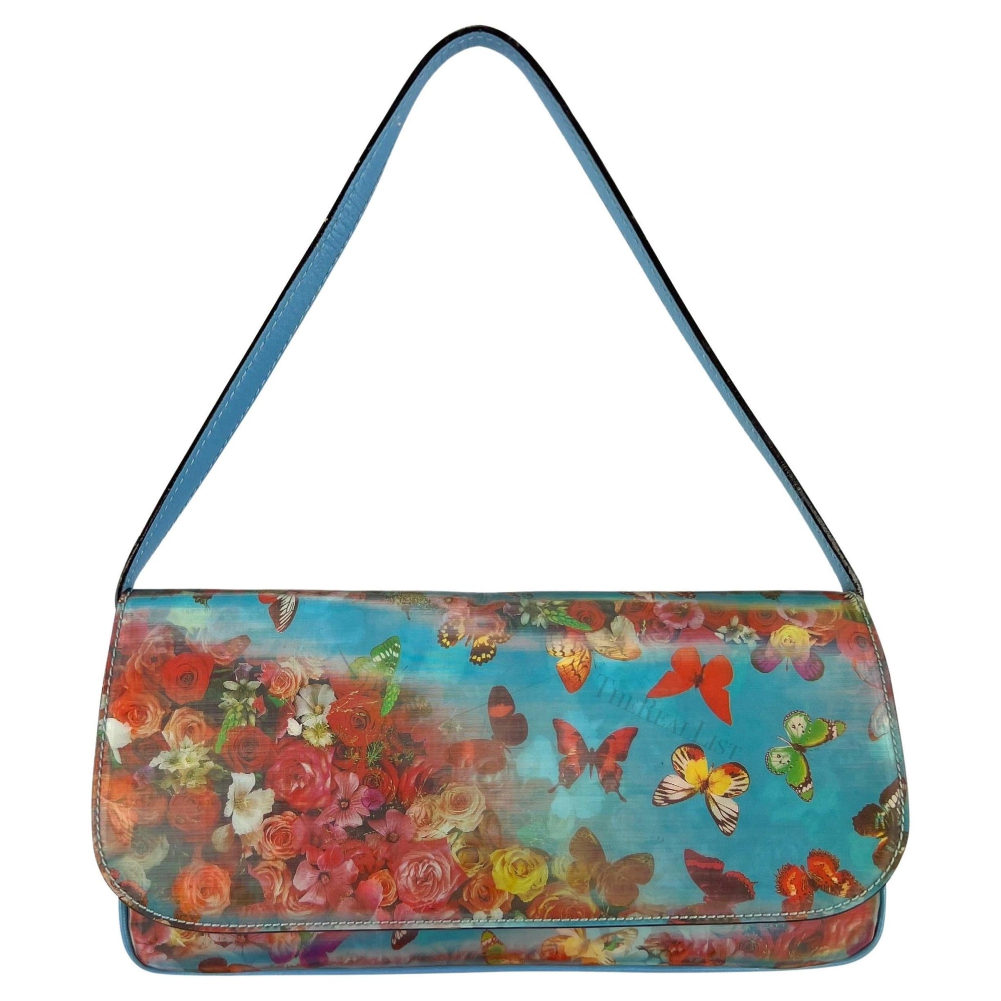 F/W 1999 Dolce & Gabbana Holographic Light Blue Floral Small Flap Shoulder Bag - RealList