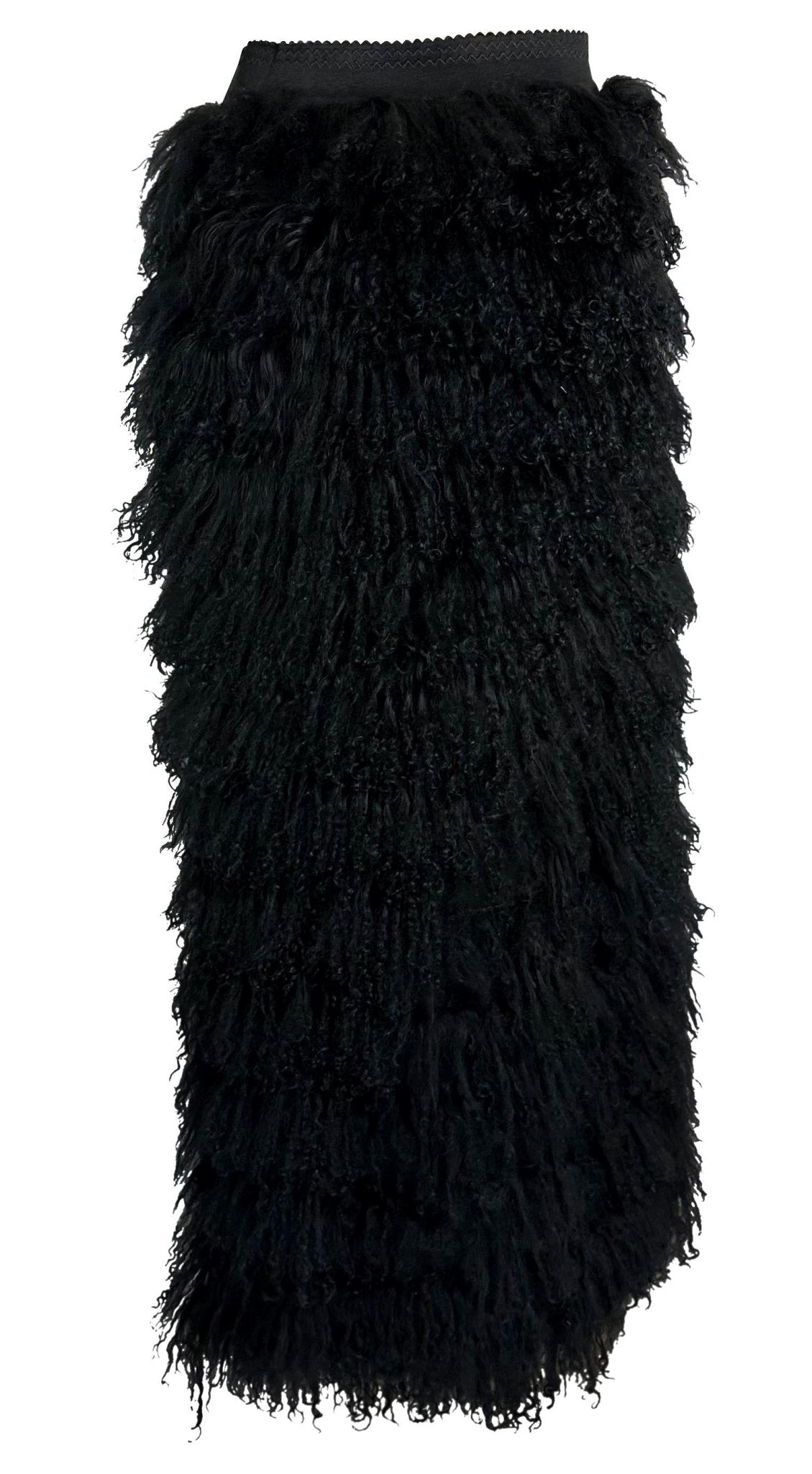 F/W 1999 Dolce & Gabbana Runway Mongolian Lamb Tiered Fur Sheer Black Skirt - RealList